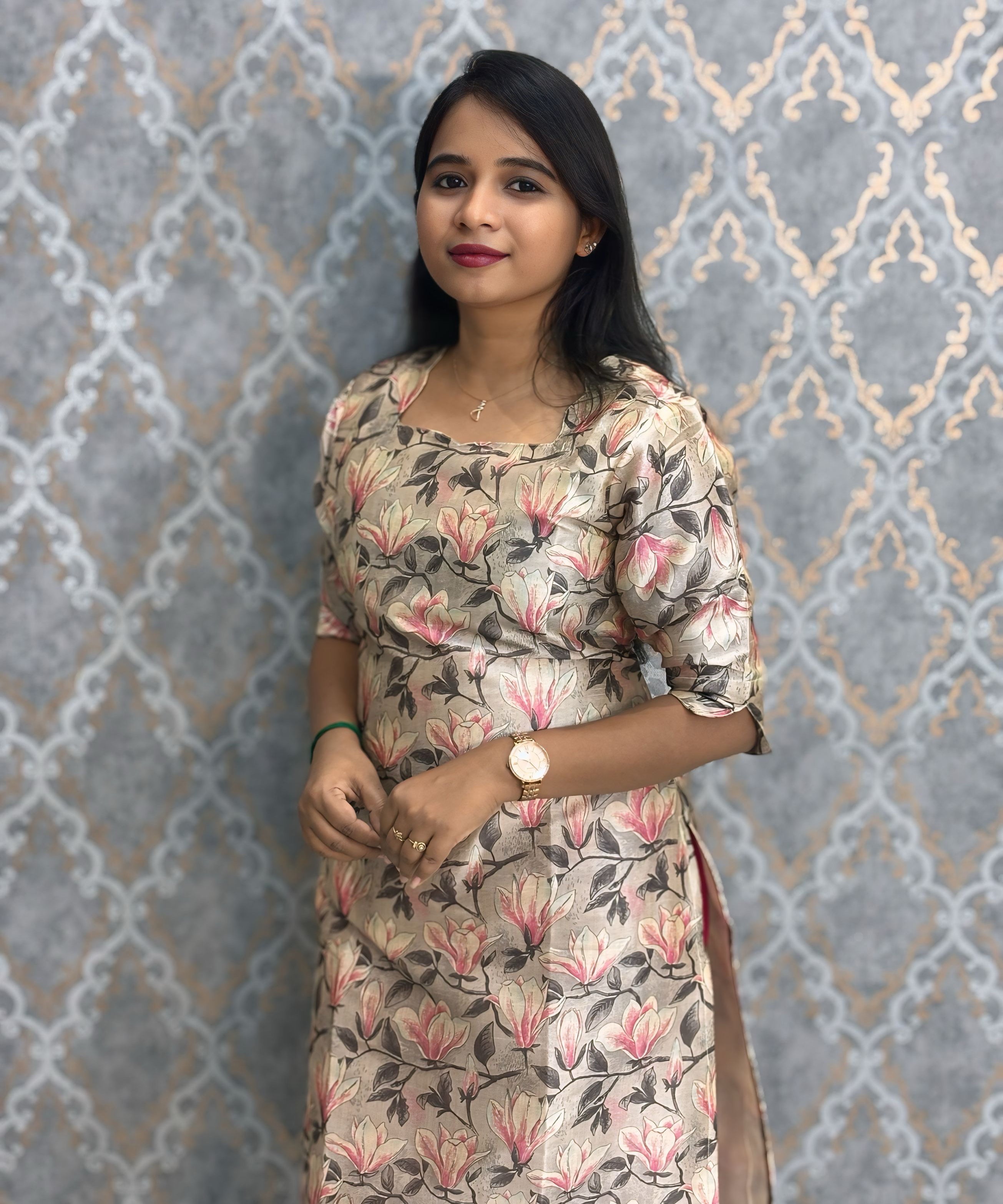 Beige and Gray Color Premium Russian Silk Kurti with Cotton Lining and Pocket / LSS221