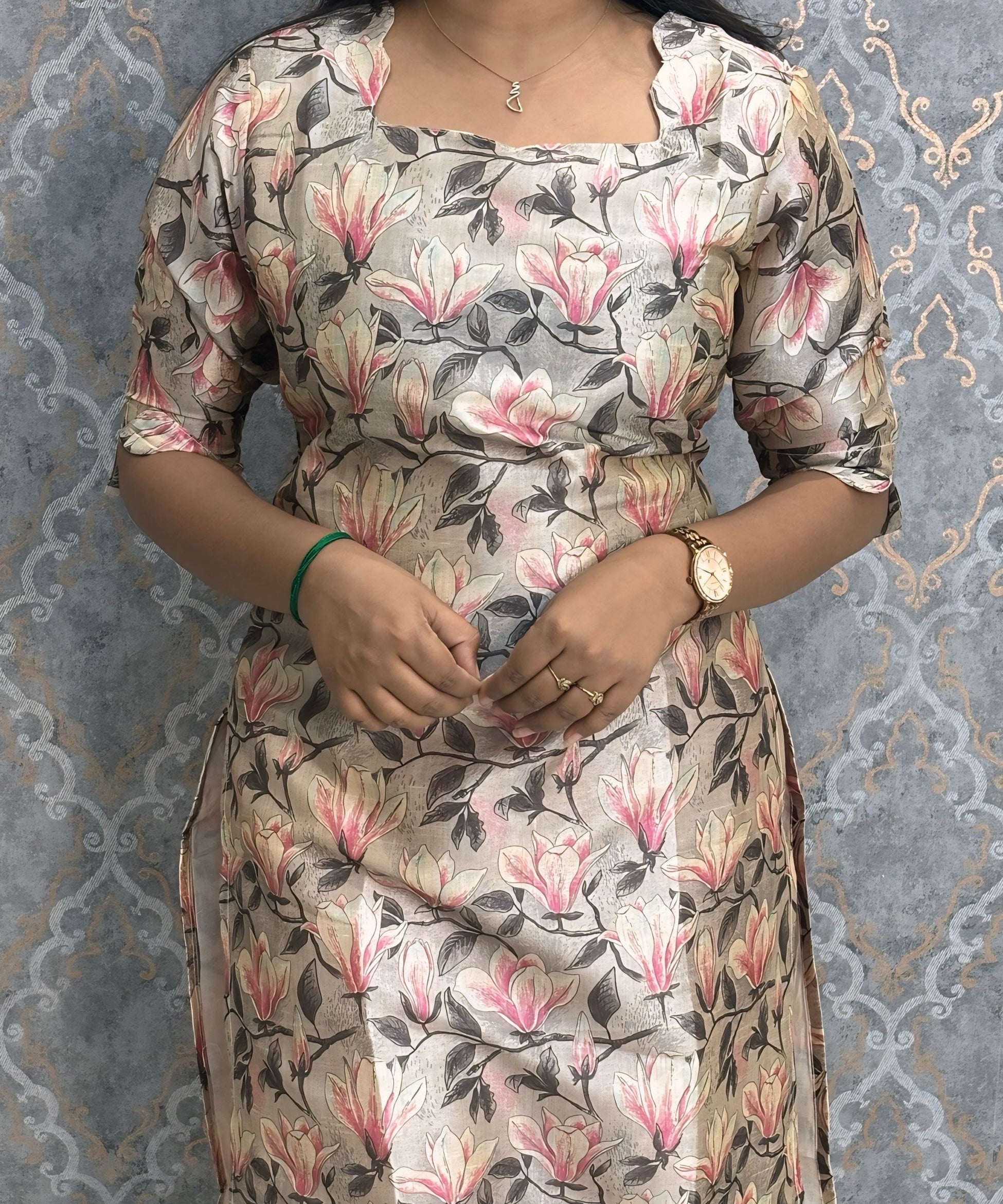 Beige and Gray Color Premium Russian Silk Kurti with Cotton Lining and Pocket / LSS221