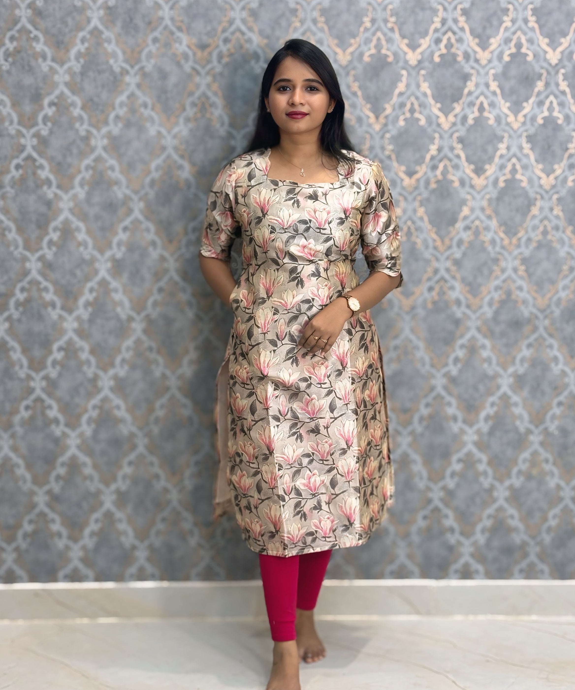 Beige and Gray Color Premium Russian Silk Kurti with Cotton Lining and Pocket / LSS221