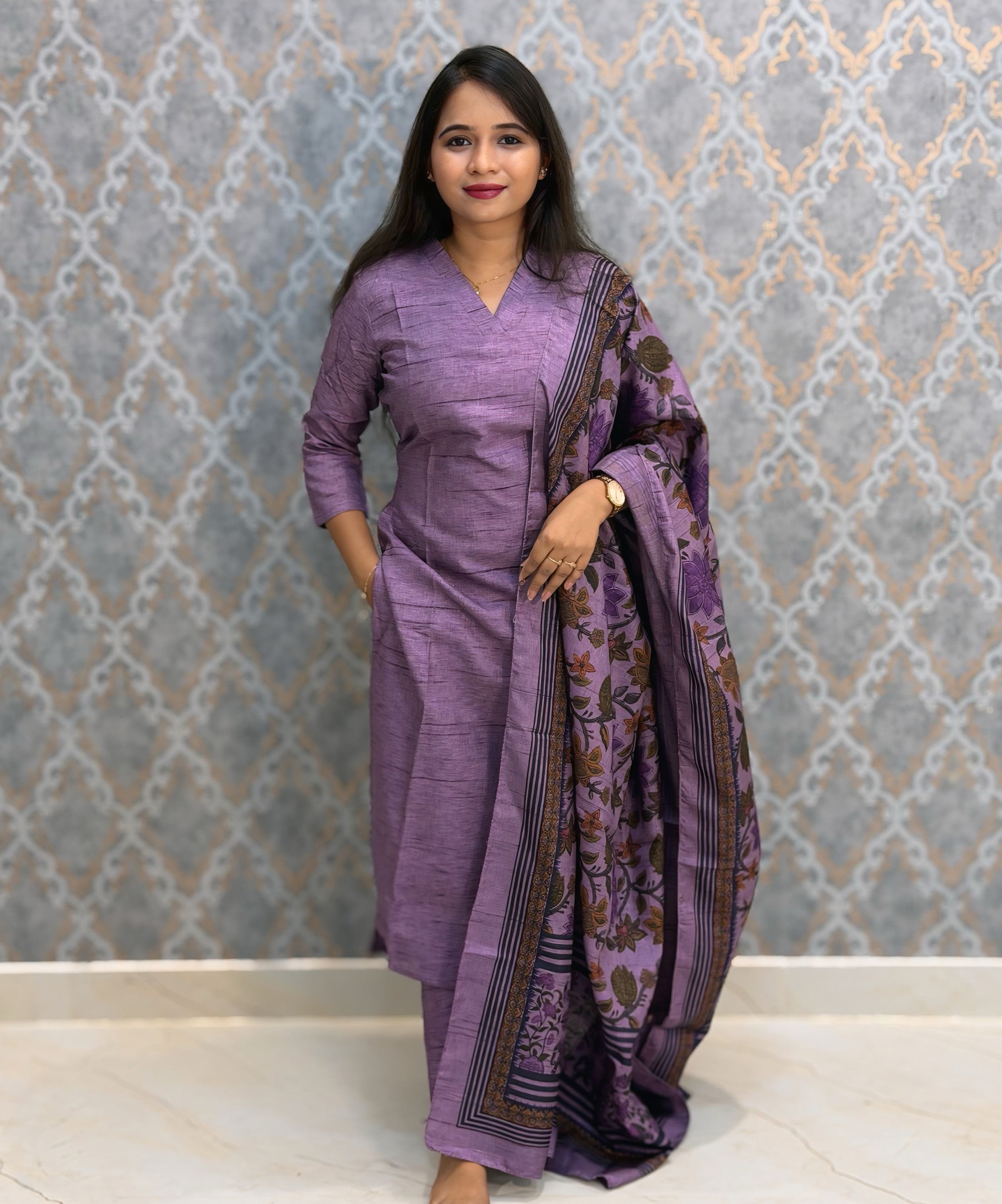 Lavender Color Premium Semi Kosa Silk 3 Piece Salwar Set with Lining and Pocket / HL034