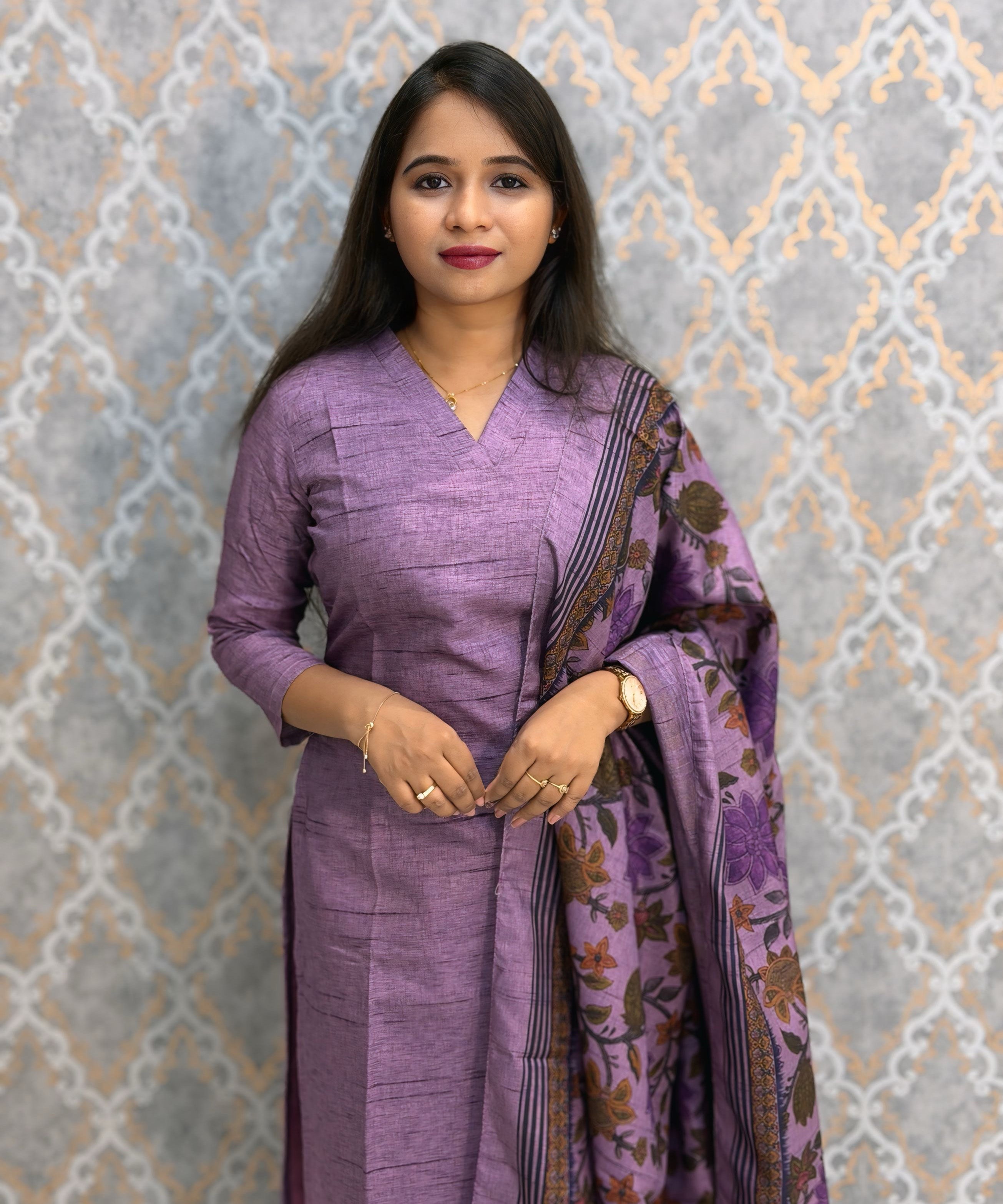 Lavender Color Premium Semi Kosa Silk 3 Piece Salwar Set with Lining and Pocket / HL034