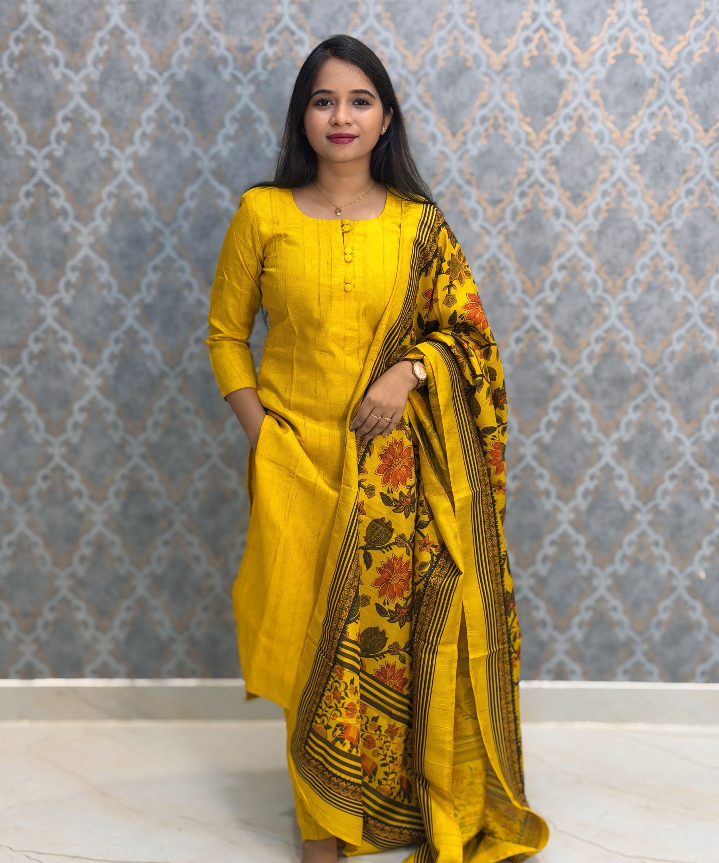 Yellow Color Premium Semi Kosa Silk 3 Piece Salwar Set with Lining and Pocket / HL035