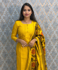 Yellow Color Premium Semi Kosa Silk 3 Piece Salwar Set with Lining and Pocket / HL035
