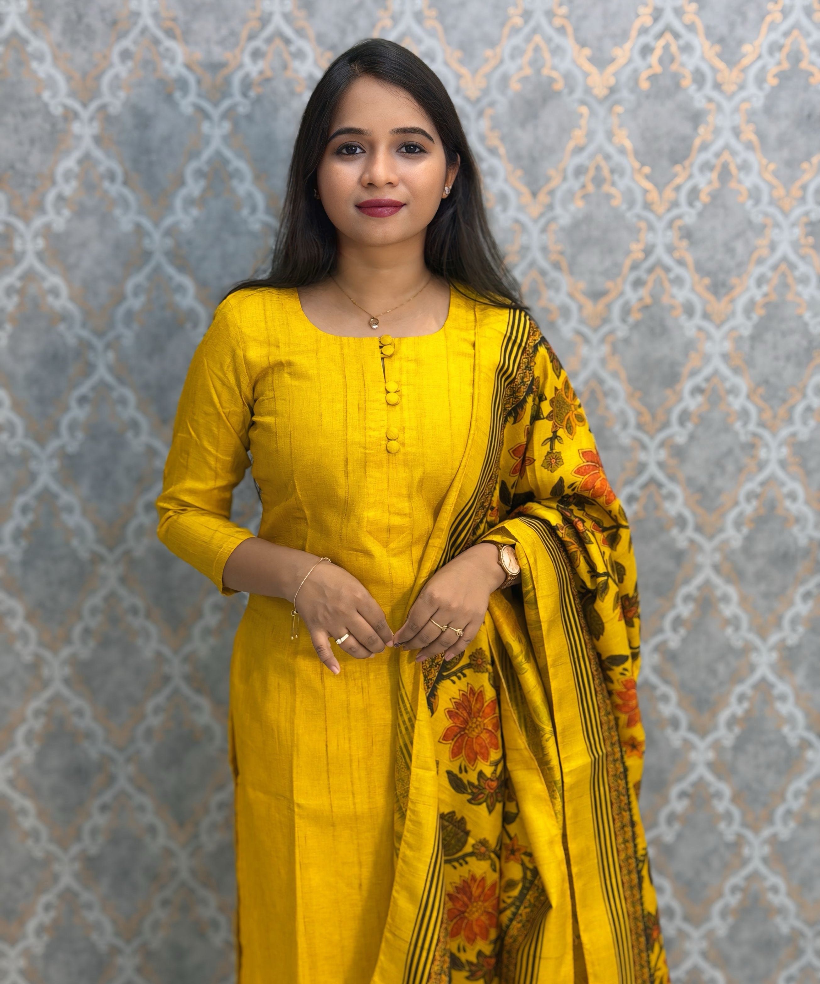 Yellow Color Premium Semi Kosa Silk 3 Piece Salwar Set with Lining and Pocket / HL035