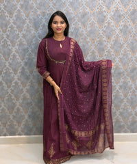 Wine Color Premium Silk Cotton 3 Piece Salwar Set /  ESS416