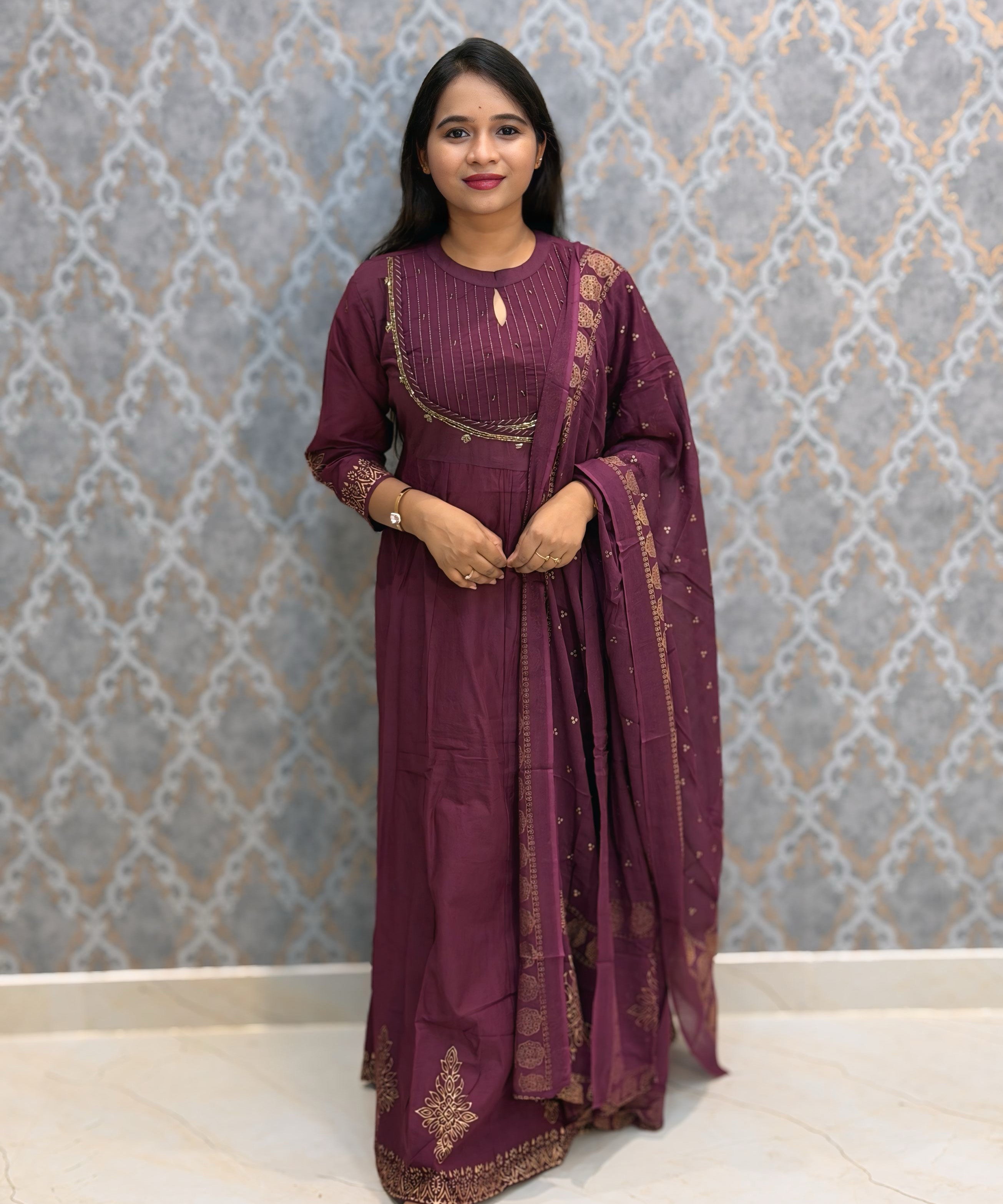 Wine Color Premium Silk Cotton 3 Piece Salwar Set /  ESS416