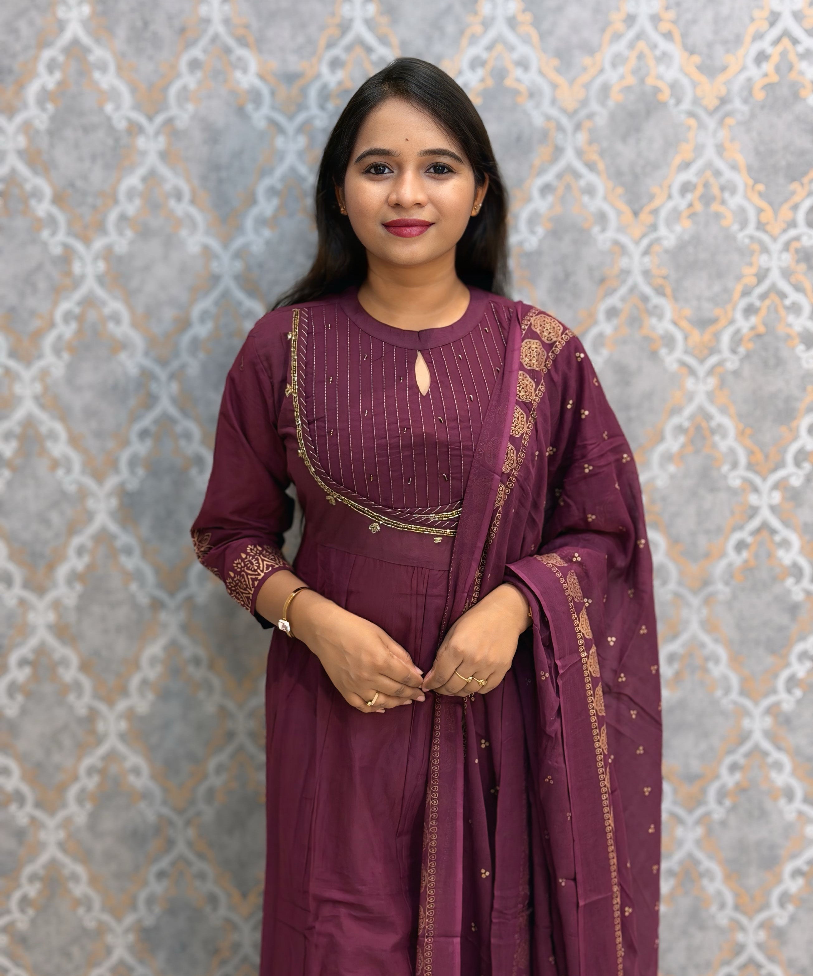 Wine Color Premium Silk Cotton 3 Piece Salwar Set /  ESS416