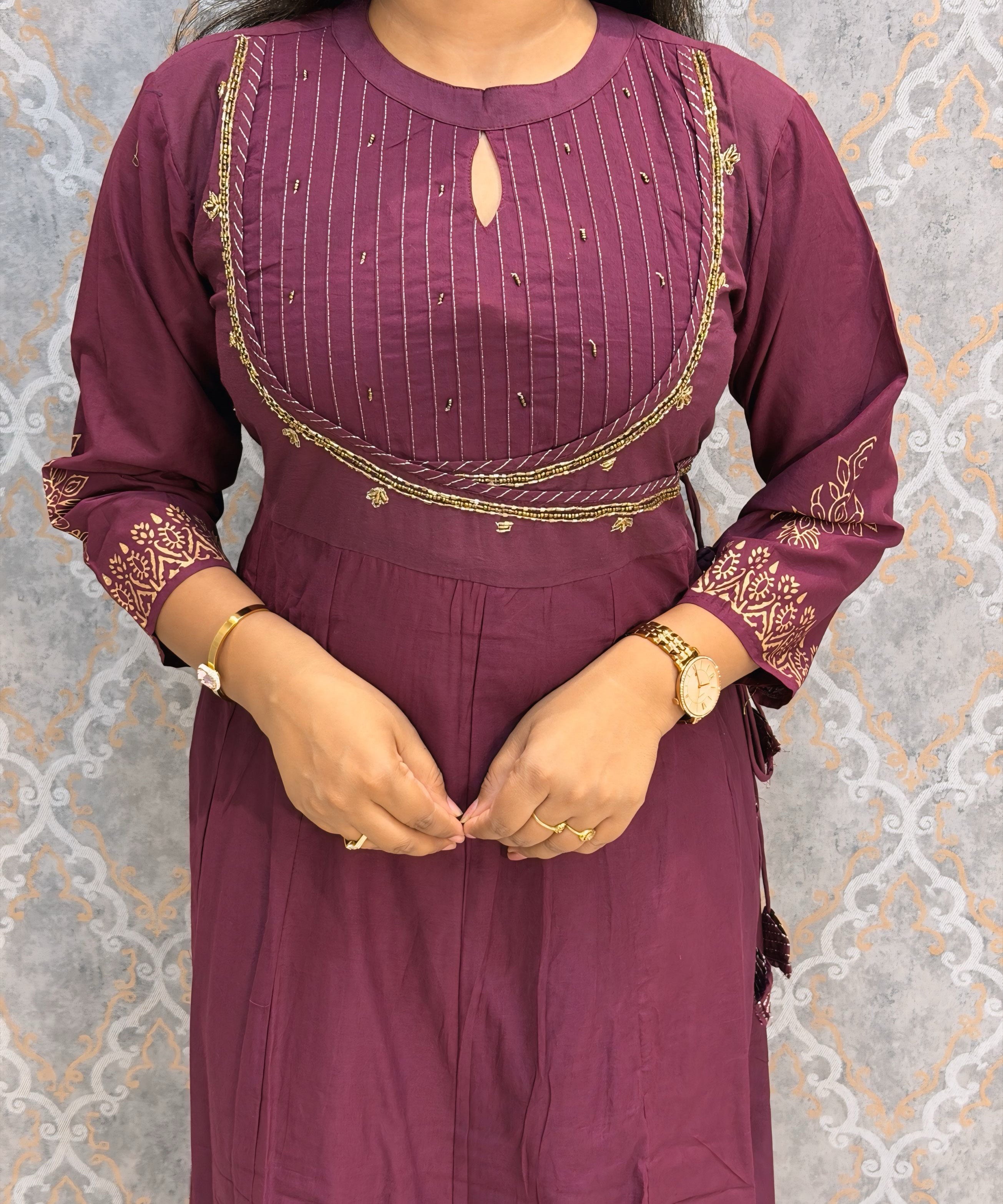 Wine Color Premium Silk Cotton 3 Piece Salwar Set /  ESS416