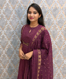 Wine Color Premium Silk Cotton 3 Piece Salwar Set /  ESS416