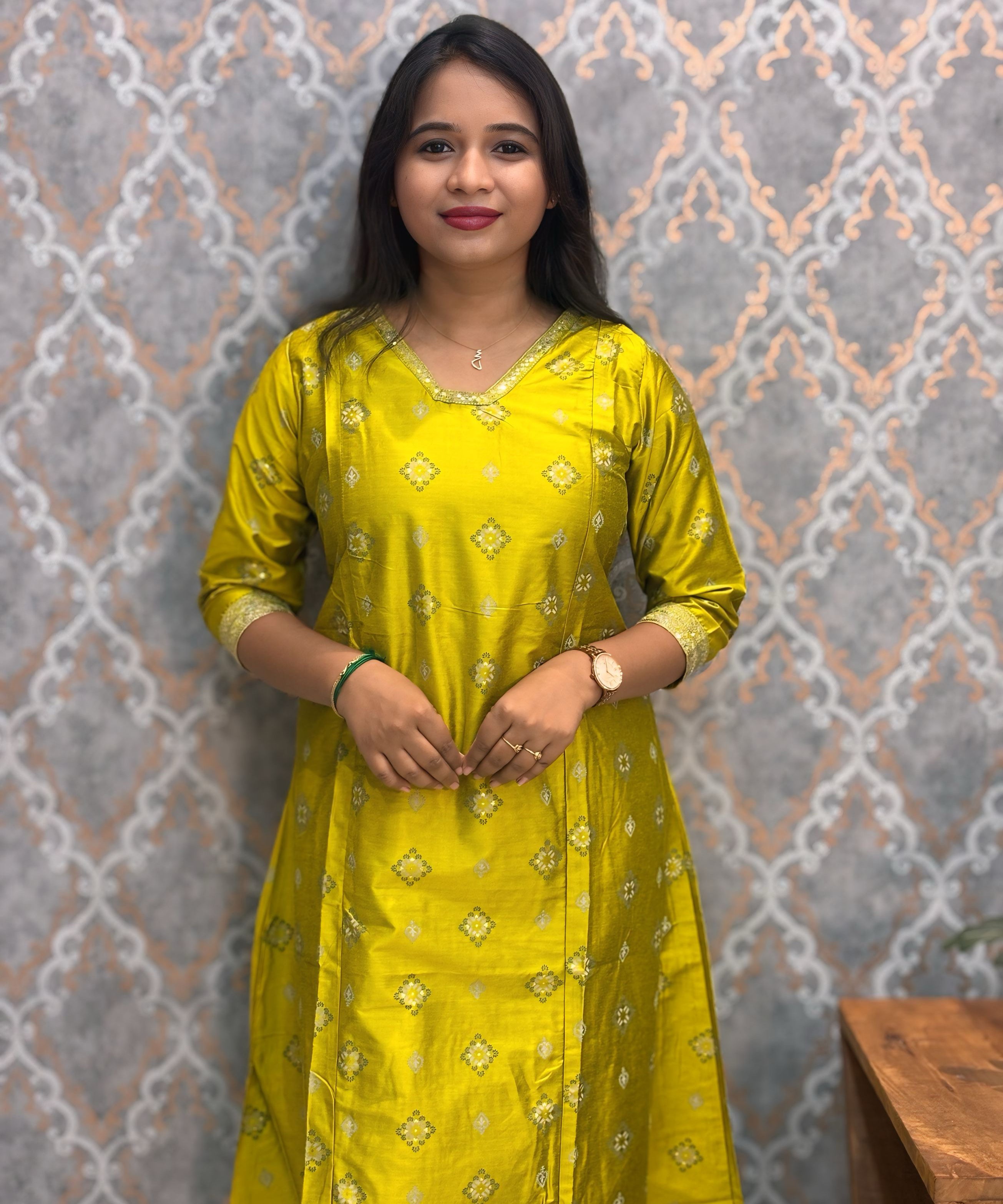 Lemon Yellow Color Premium Silk Panel Cut Coord Set with Side Pockets / LSS208