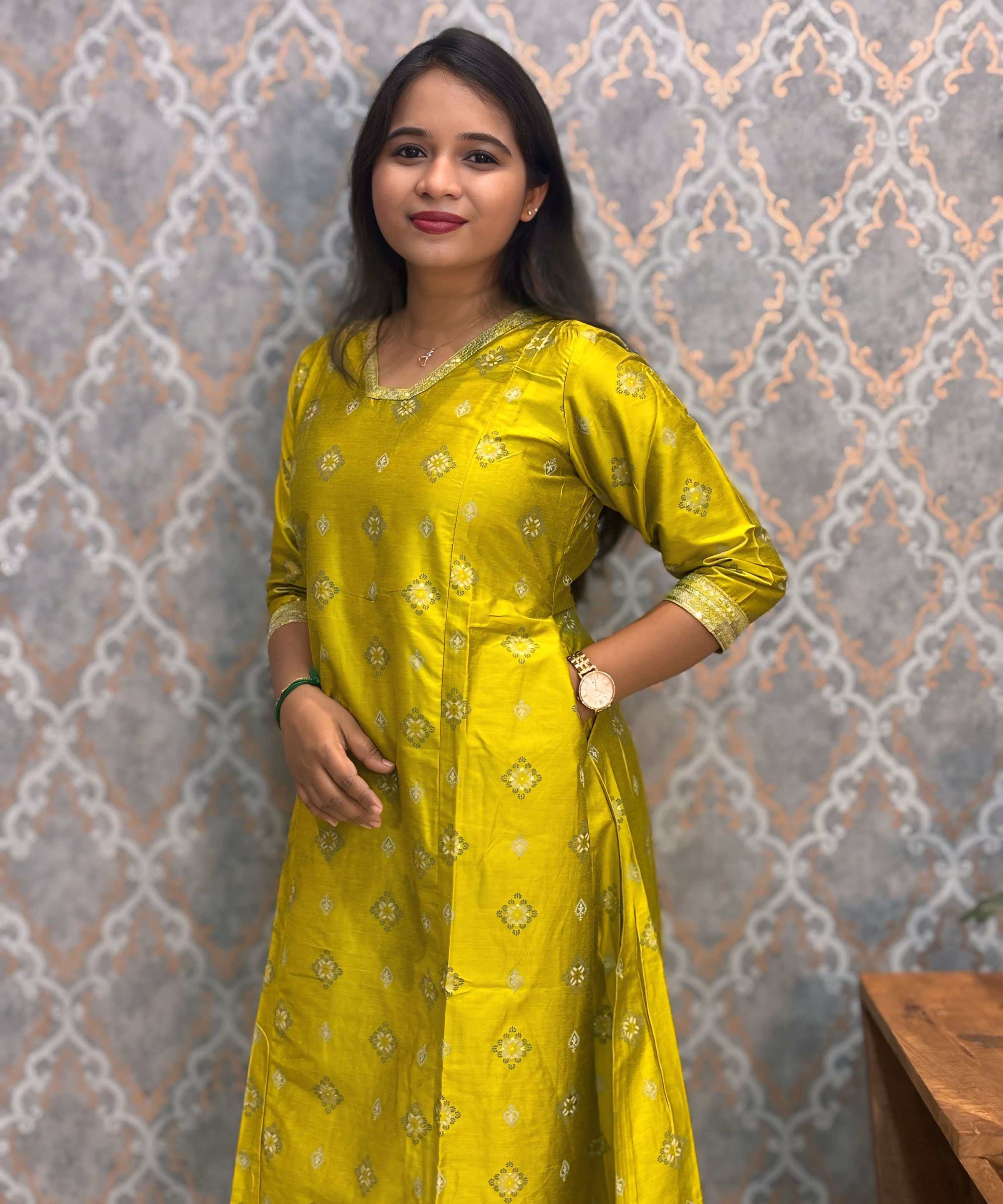 Lemon Yellow Color Premium Silk Panel Cut Coord Set with Side Pockets / LSS208