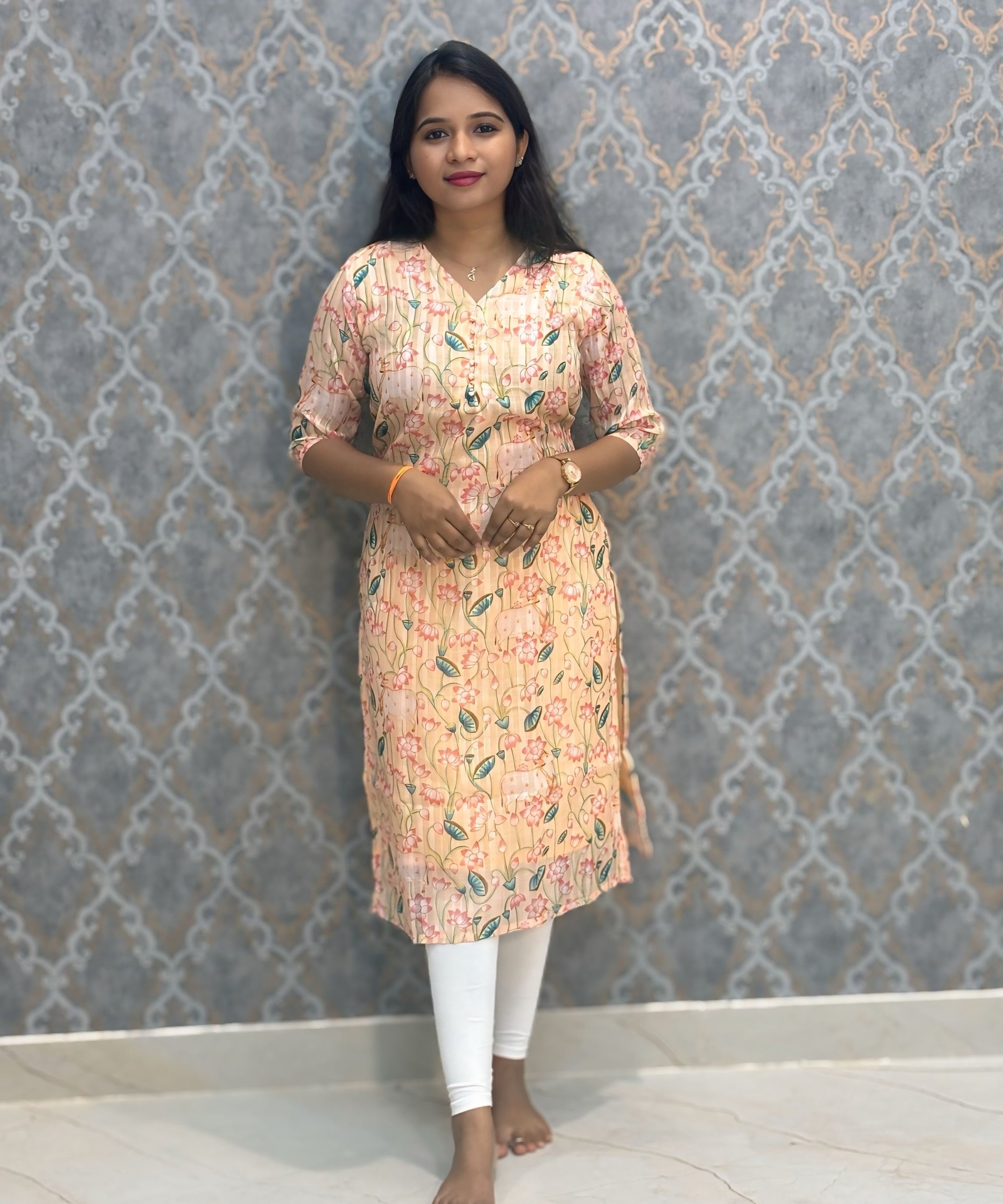 Light Orange Color Premium Soft Linen Zari Cotton Kurtis with Cotton Lining / LSS222