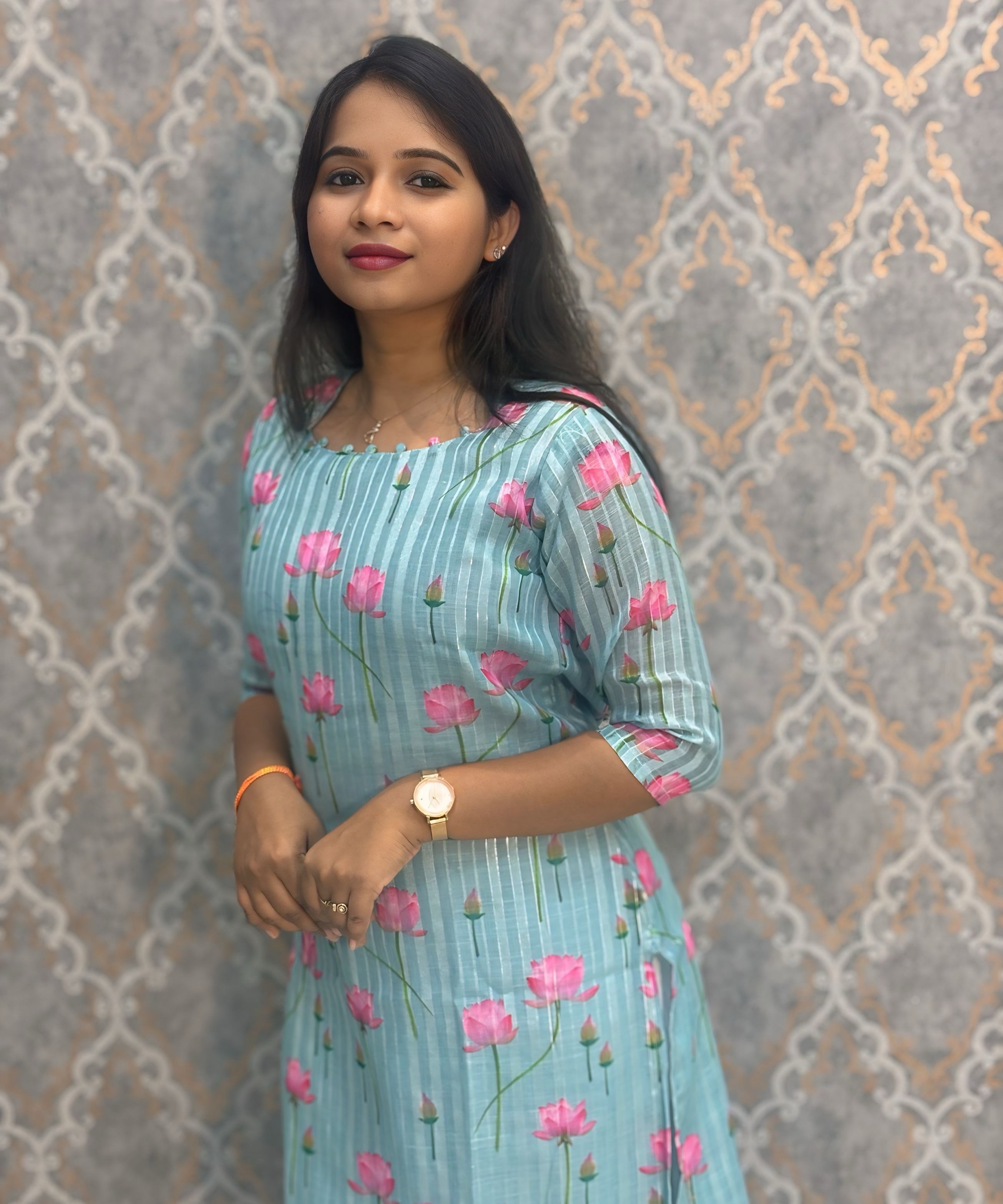 Sea Blue Color Premium Soft Linen Zari Cotton Kurtis with Cotton Lining / LSS222