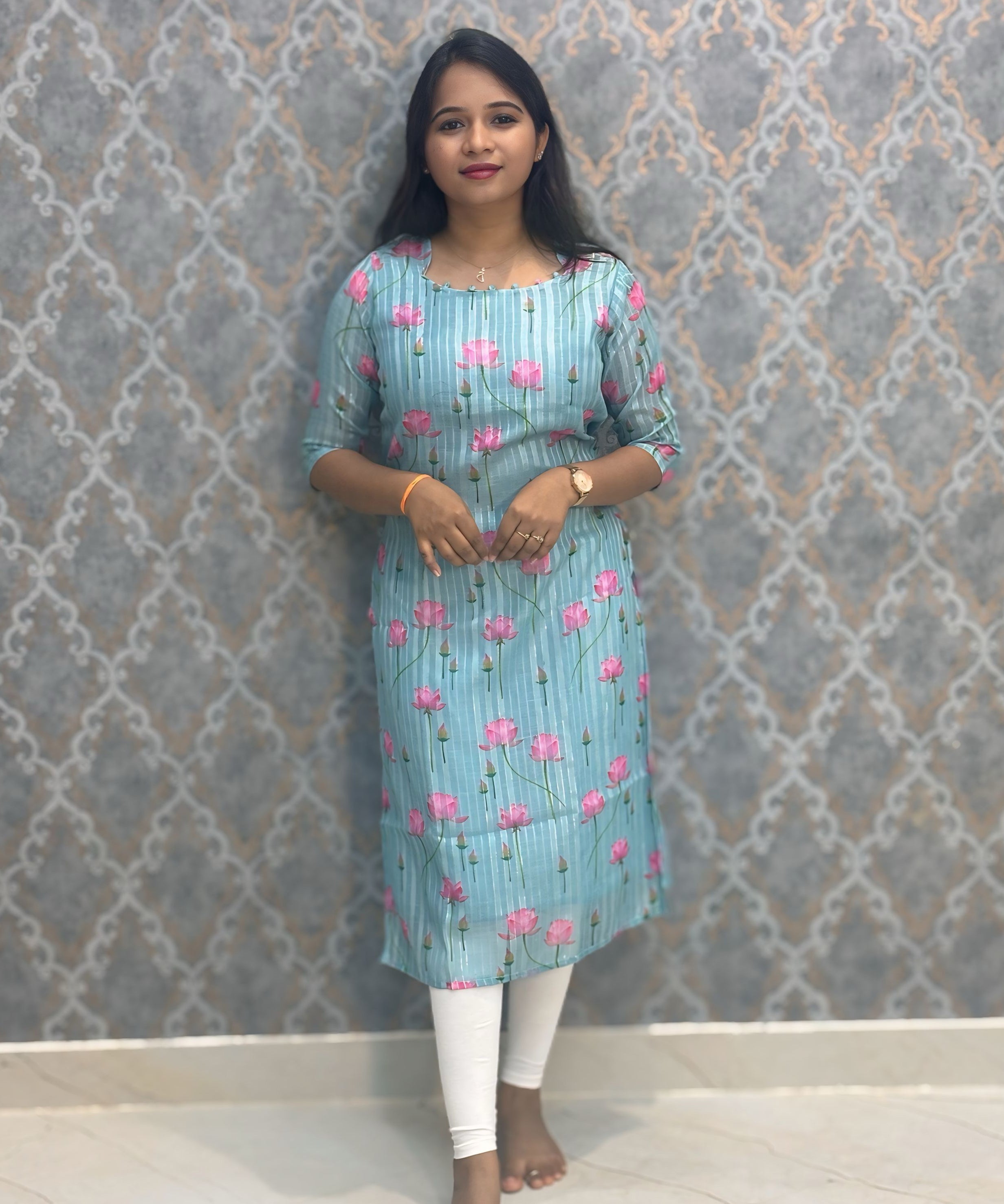 Sea Blue Color Premium Soft Linen Zari Cotton Kurtis with Cotton Lining / LSS222