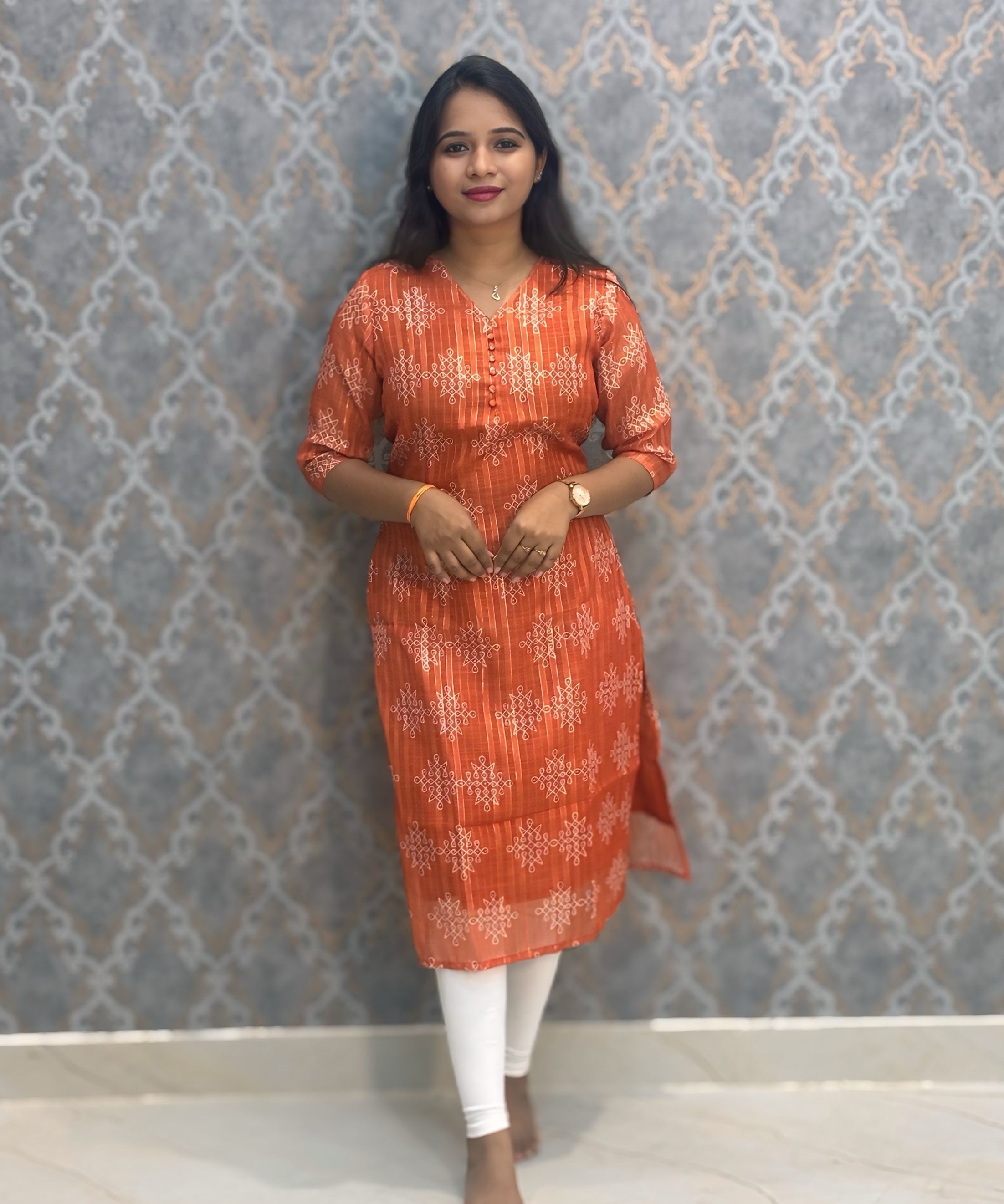 Orange Color Premium Soft Linen Zari Cotton Kurtis with Cotton Lining / LSS222