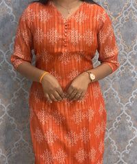 Orange Color Premium Soft Linen Zari Cotton Kurtis with Cotton Lining / LSS222