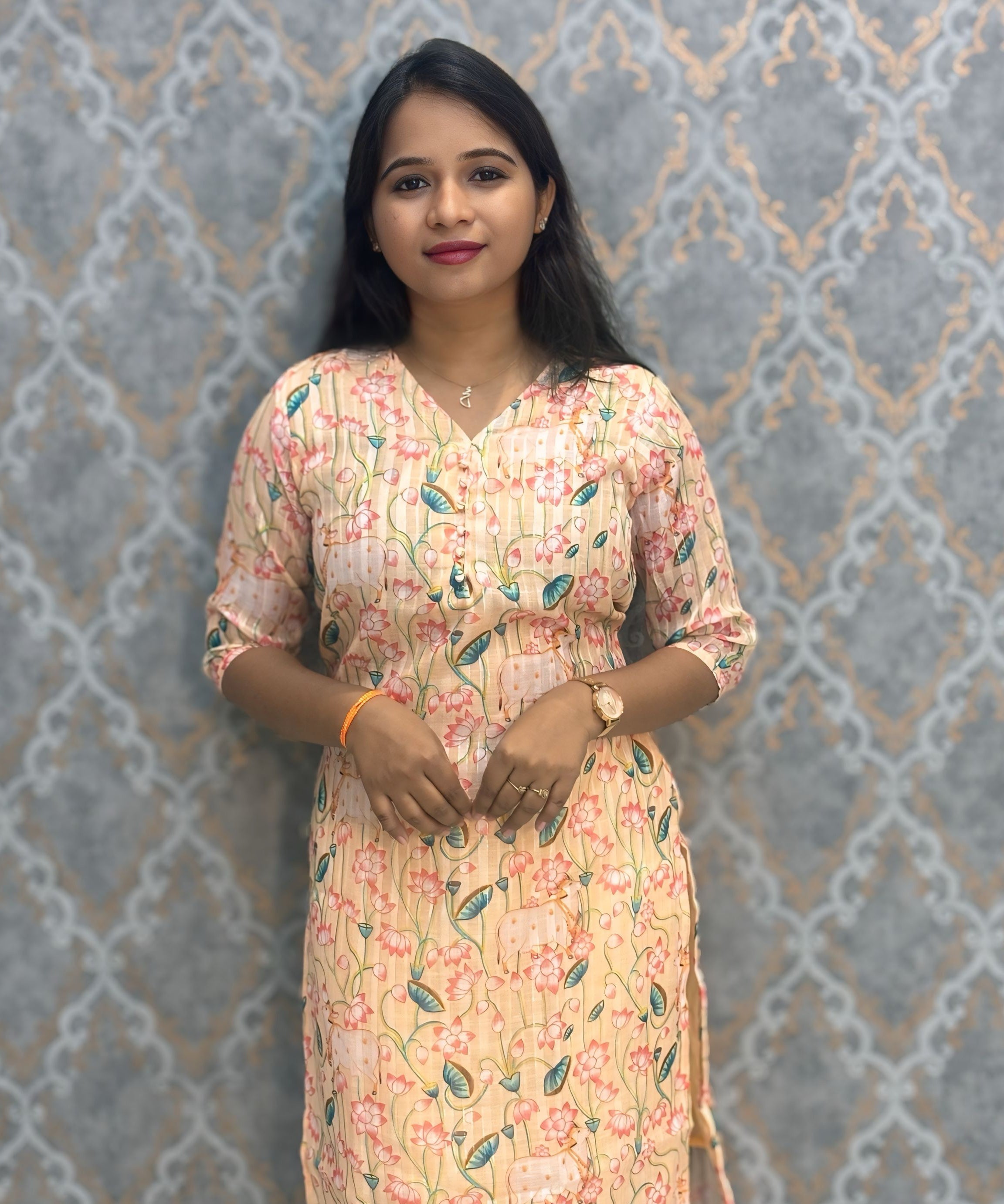 Light Orange Color Premium Soft Linen Zari Cotton Kurtis with Cotton Lining / LSS222