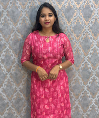 Dark Pink Color Premium Soft Linen Zari Cotton Kurtis with Cotton Lining / LSS222