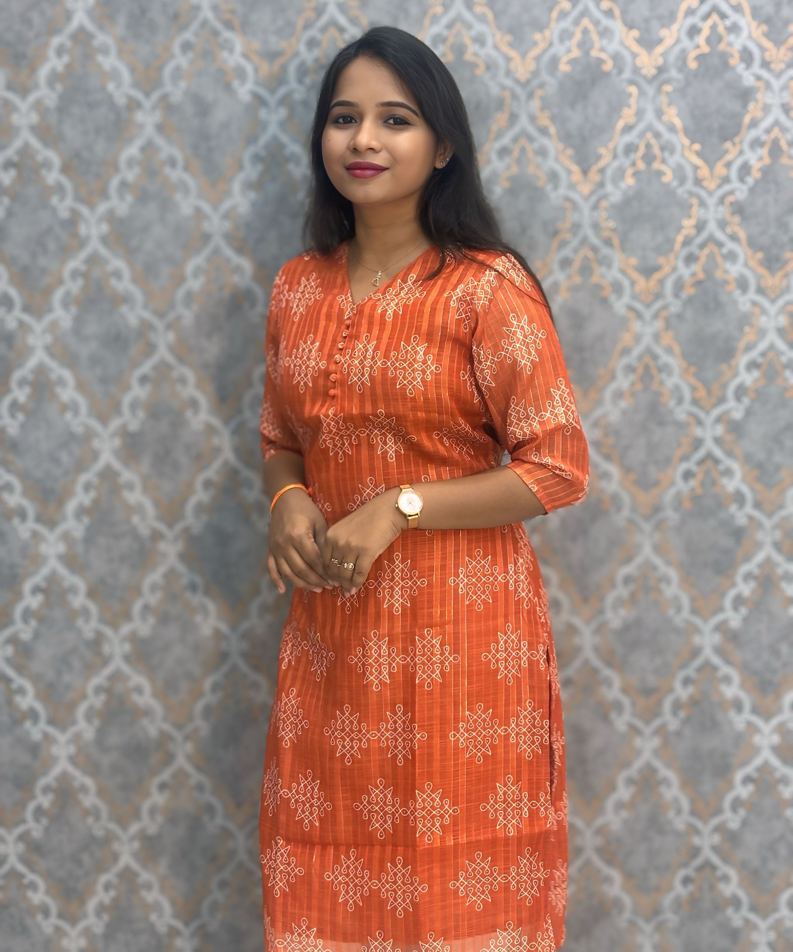 Orange Color Premium Soft Linen Zari Cotton Kurtis with Cotton Lining / LSS222