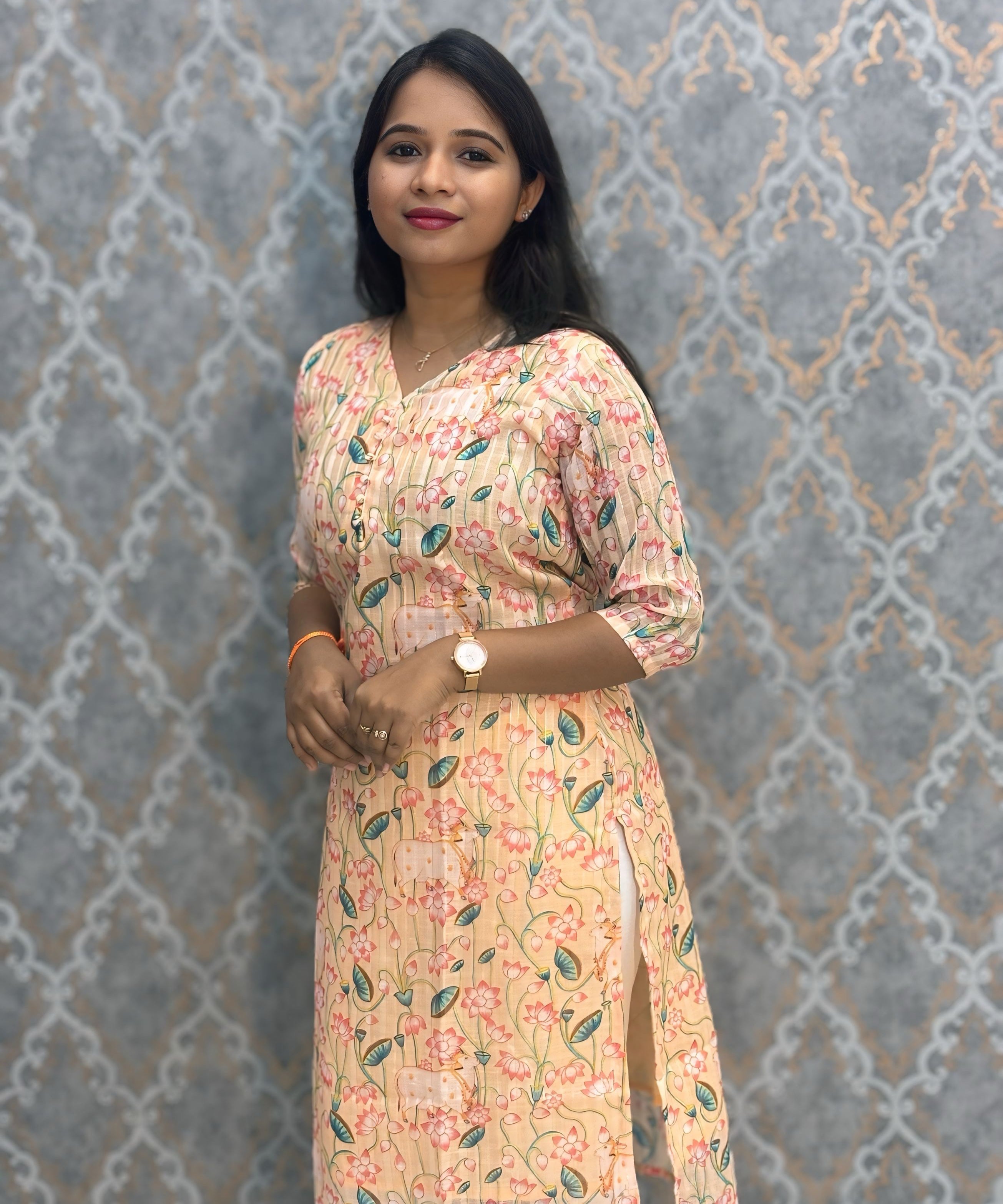 Light Orange Color Premium Soft Linen Zari Cotton Kurtis with Cotton Lining / LSS222