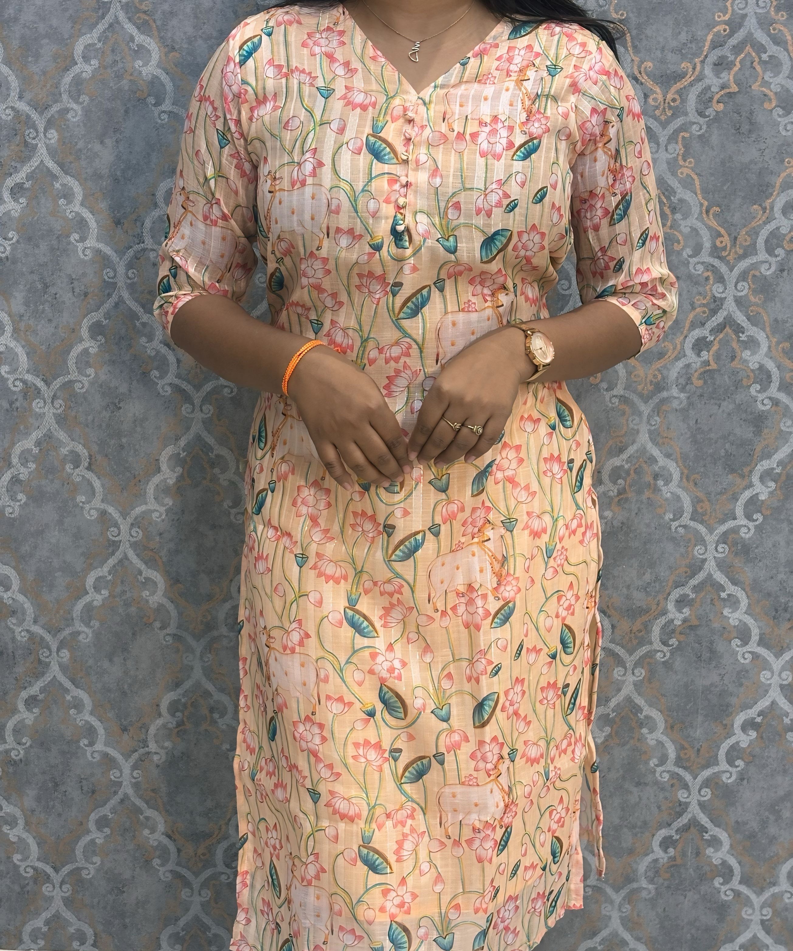 Light Orange Color Premium Soft Linen Zari Cotton Kurtis with Cotton Lining / LSS222