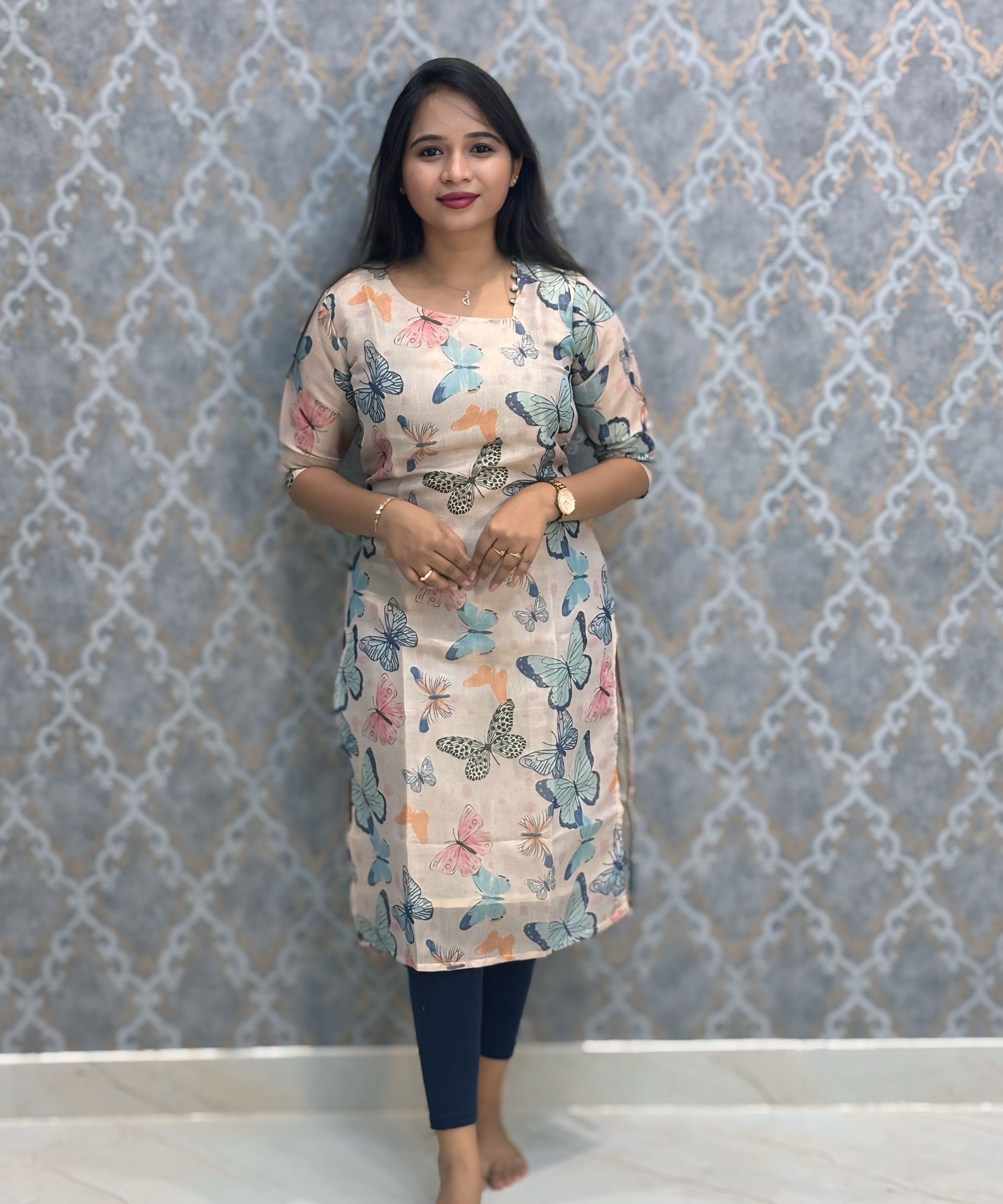 Beige and Butterfly Design Premium Soft Tissue Silk Kurtis with Cotton Lining / LSS224