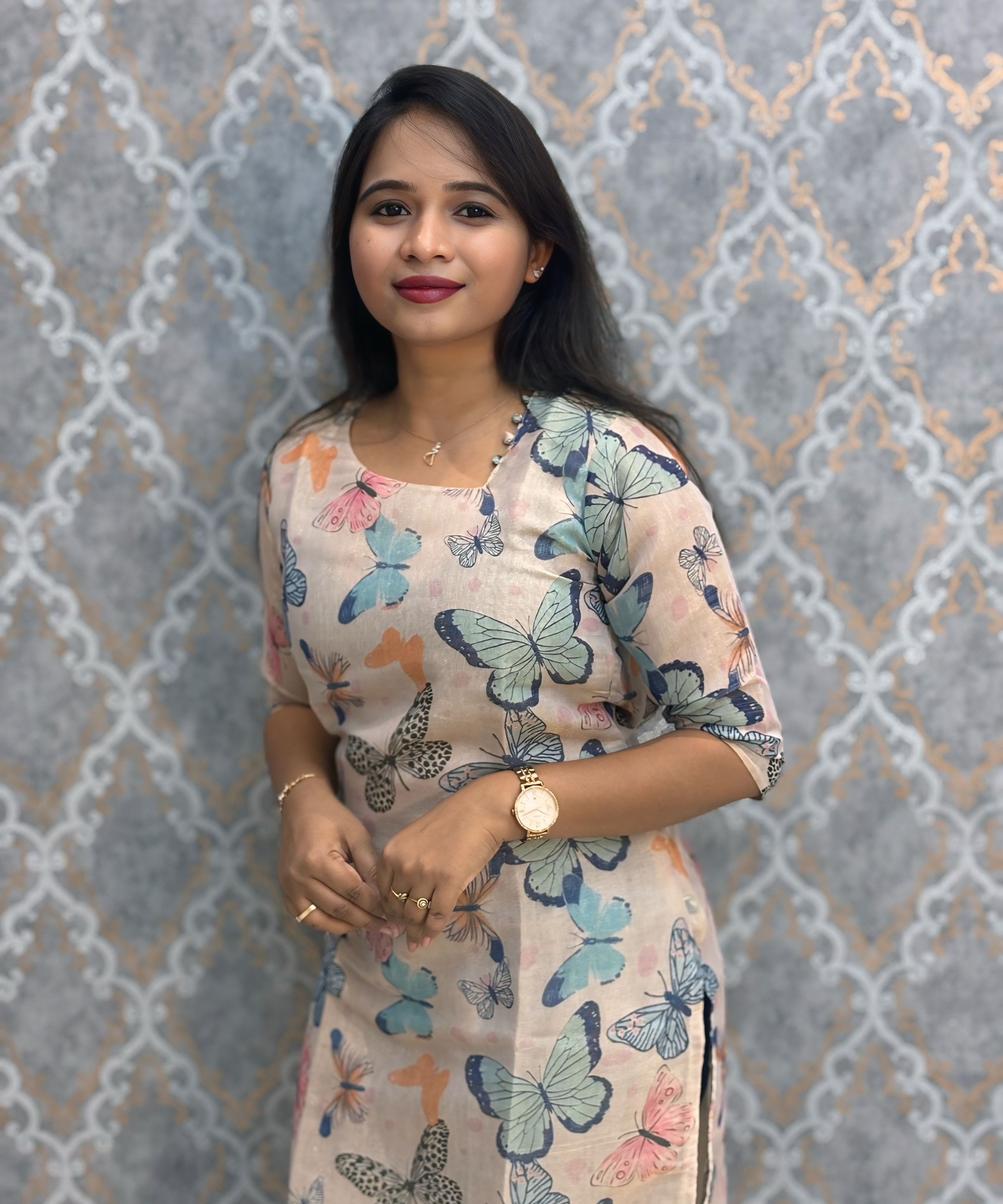 Beige and Butterfly Design Premium Soft Tissue Silk Kurtis with Cotton Lining / LSS224