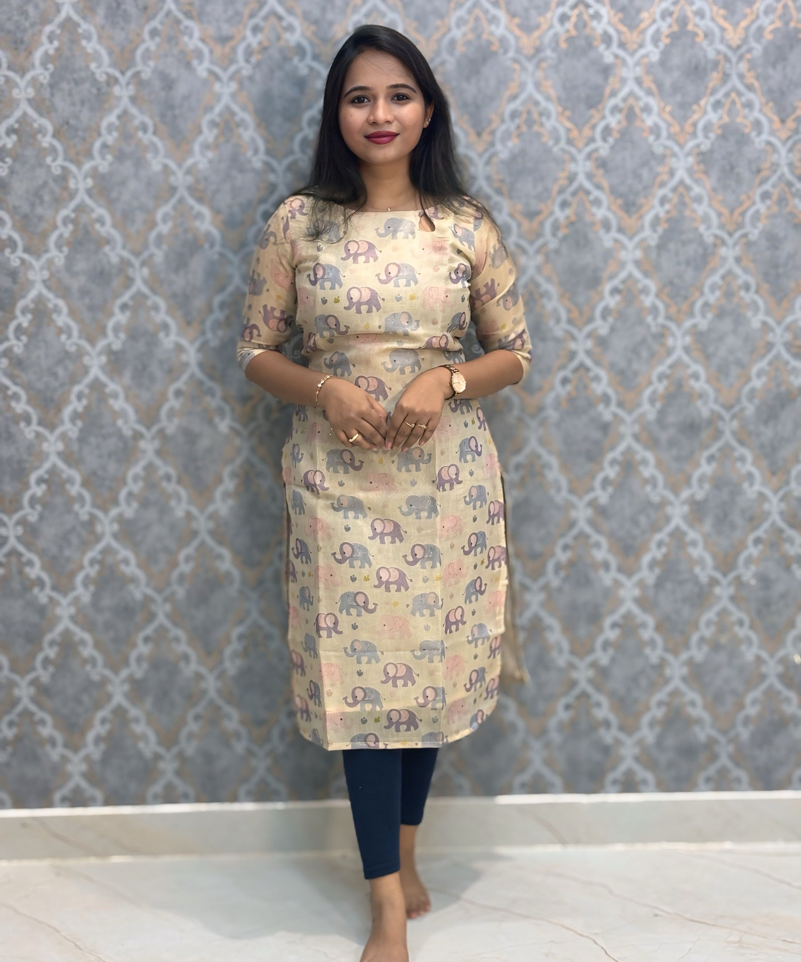 Beige Color Elephant Design Premium Soft Tissue Silk Kurtis with Cotton Lining / LSS224