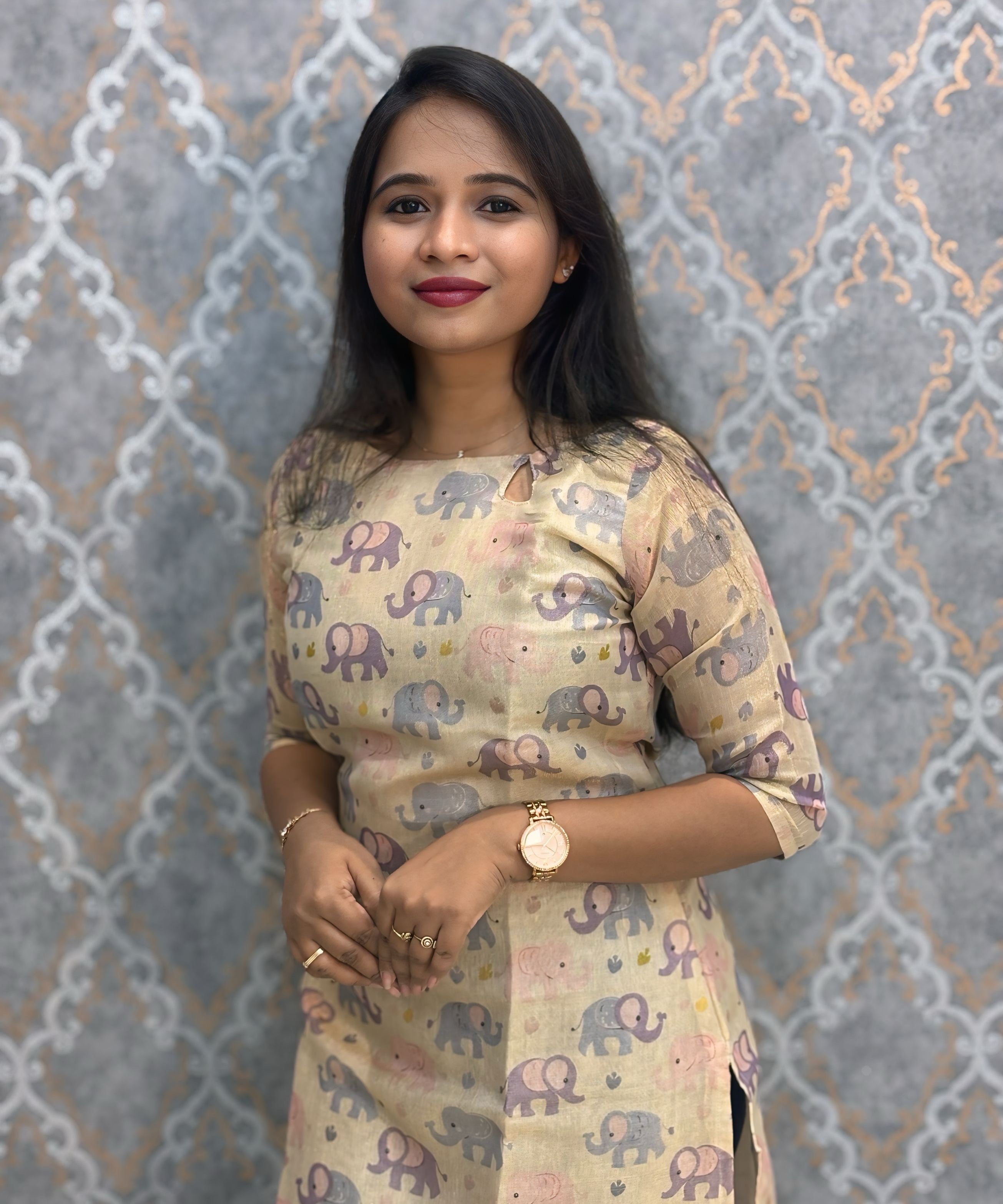 Beige Color Elephant Design Premium Soft Tissue Silk Kurtis with Cotton Lining / LSS224