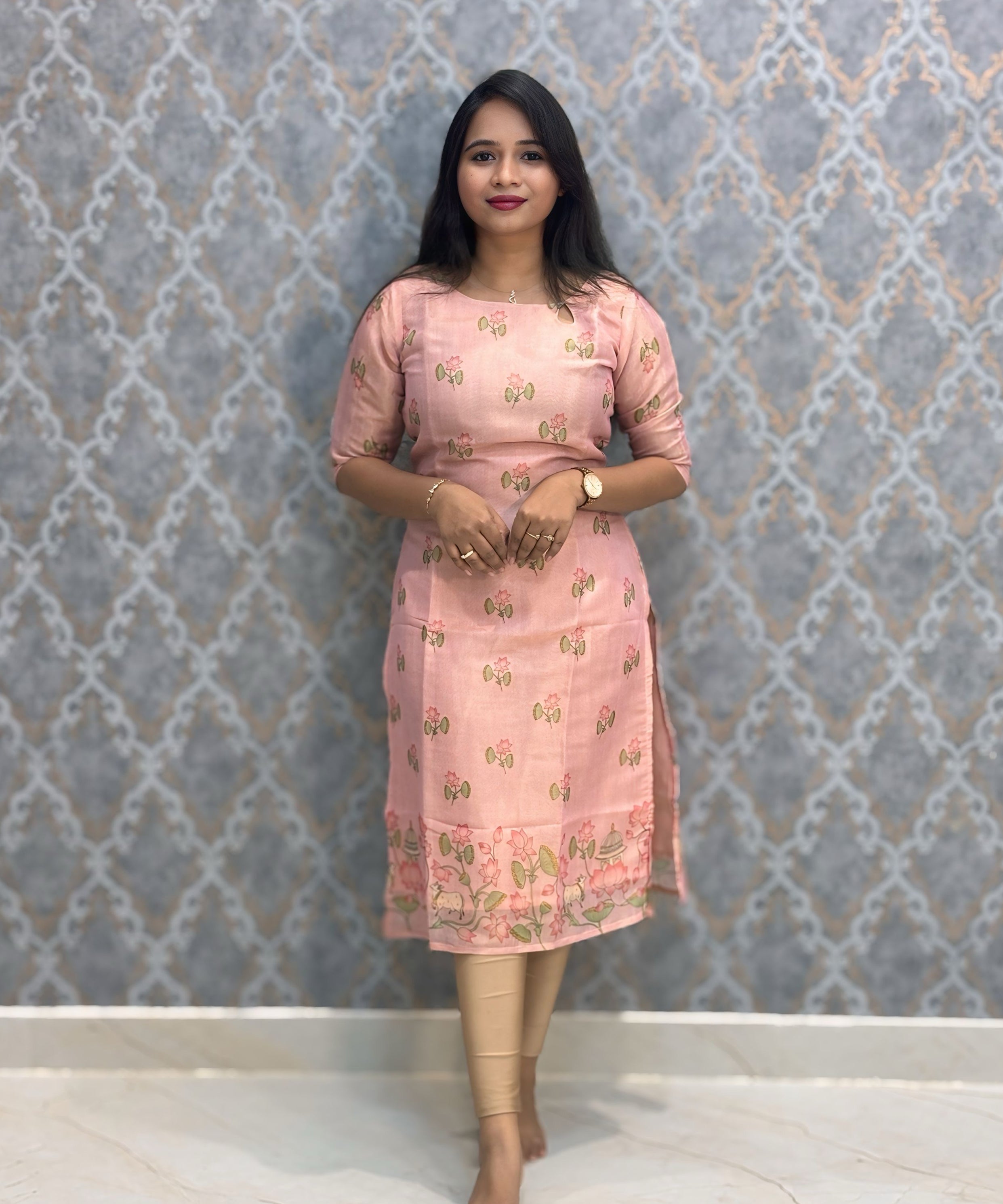 Peach Premium Soft Tissue Silk Kurtis with Cotton Lining / LSS224