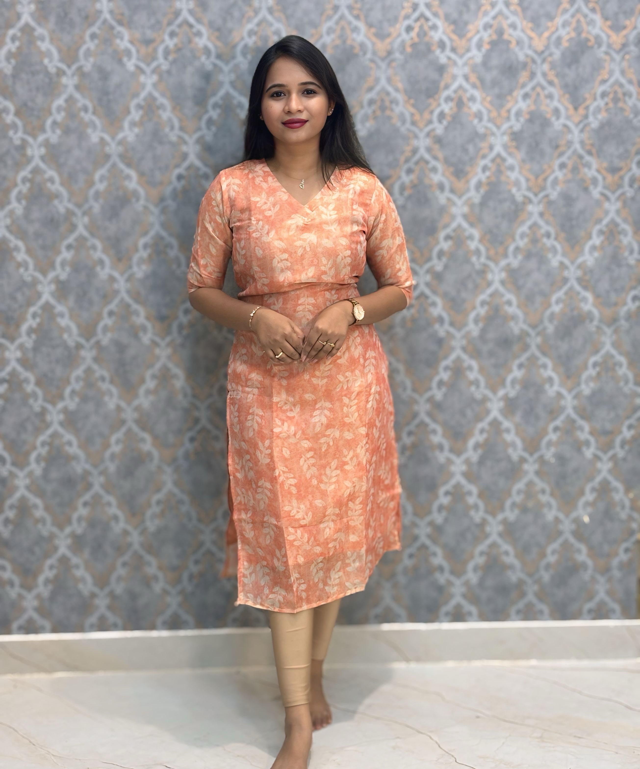 Light Orange and Beige Premium Soft Tissue Silk Kurtis with Cotton Lining / LSS224