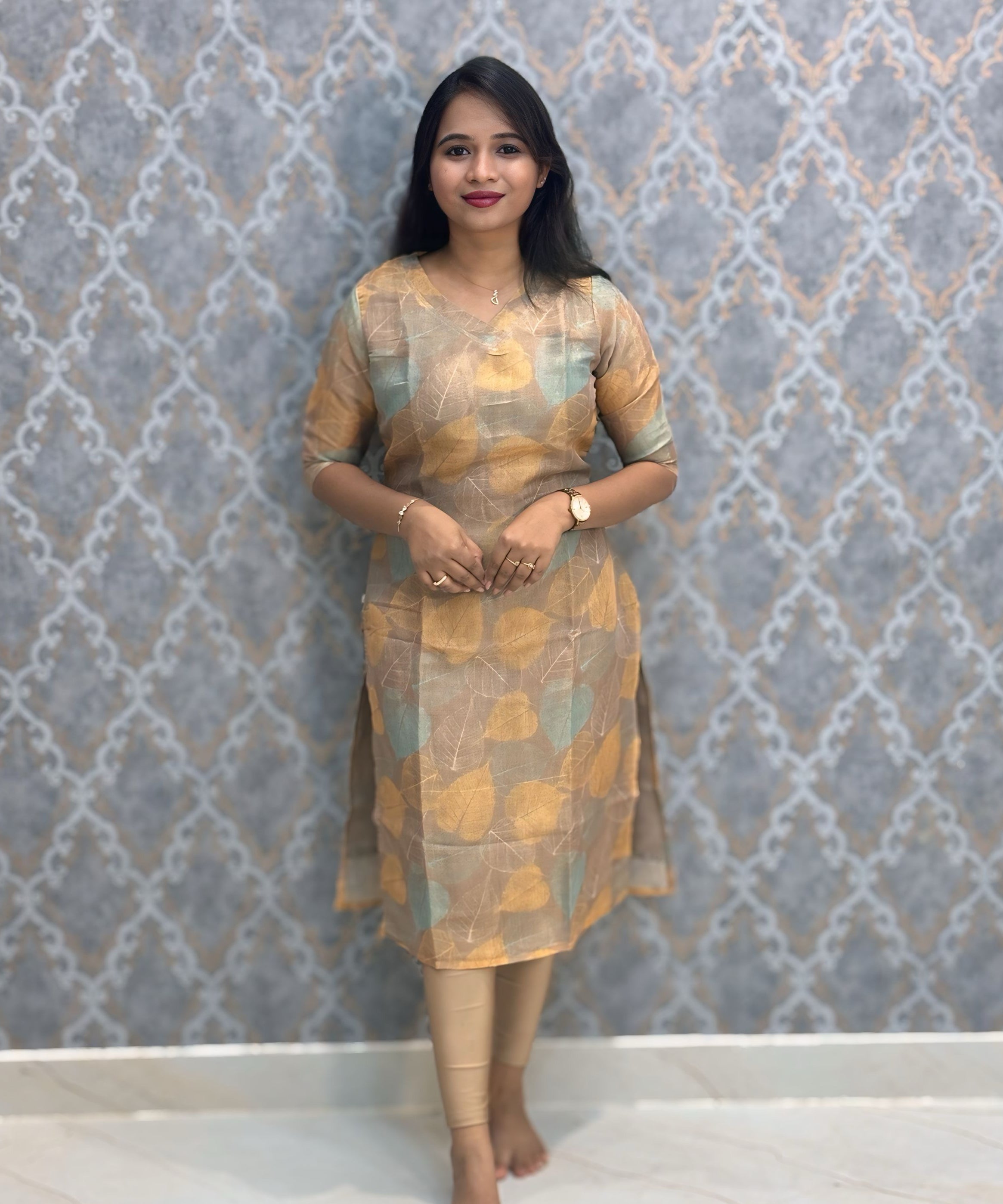 Gold and Beige Leaf Design Premium Soft Tissue Silk Kurtis with Cotton Lining / LSS224