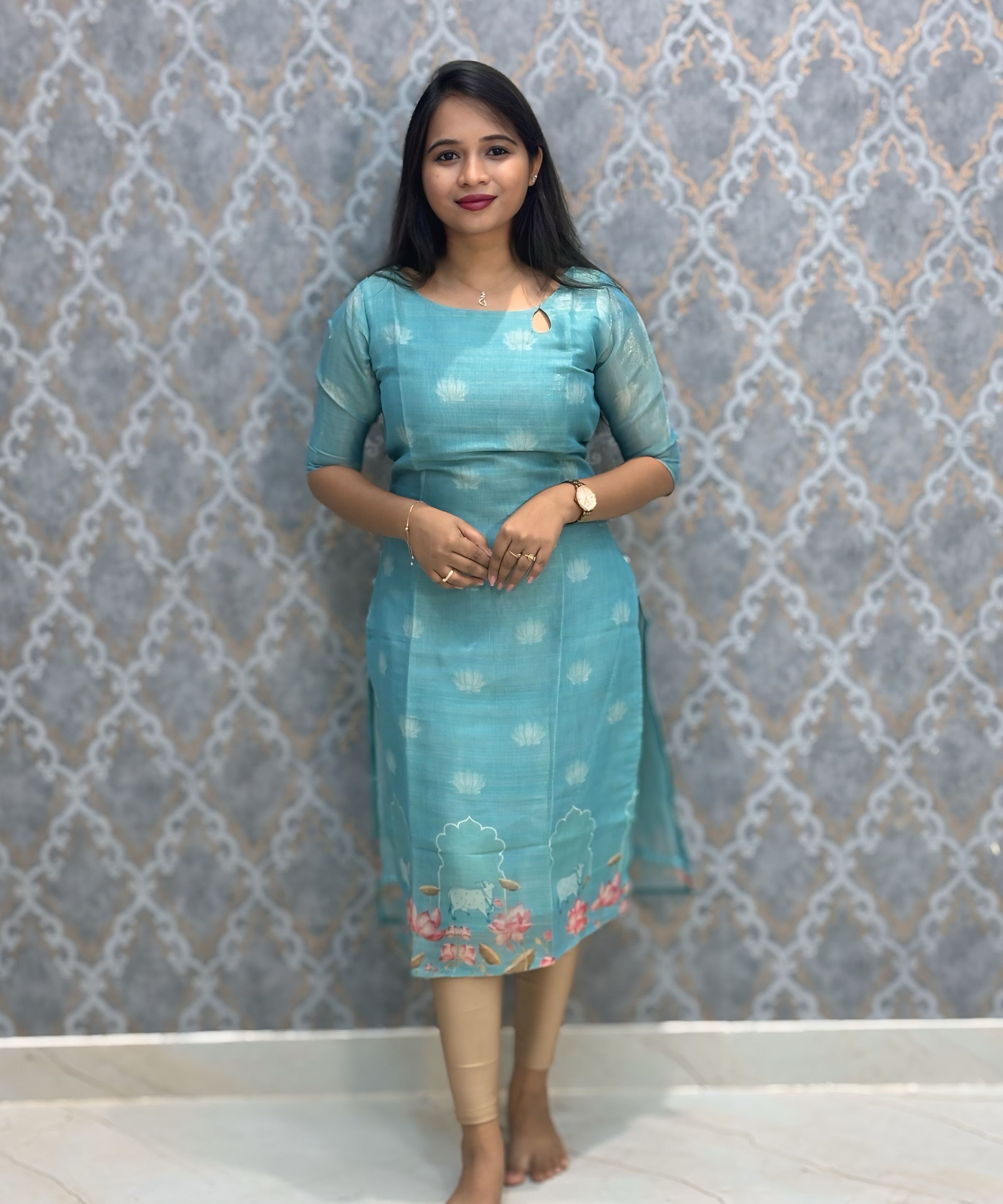 Sea Blue Premium Soft Tissue Silk Kurtis with Cotton Lining / LSS224