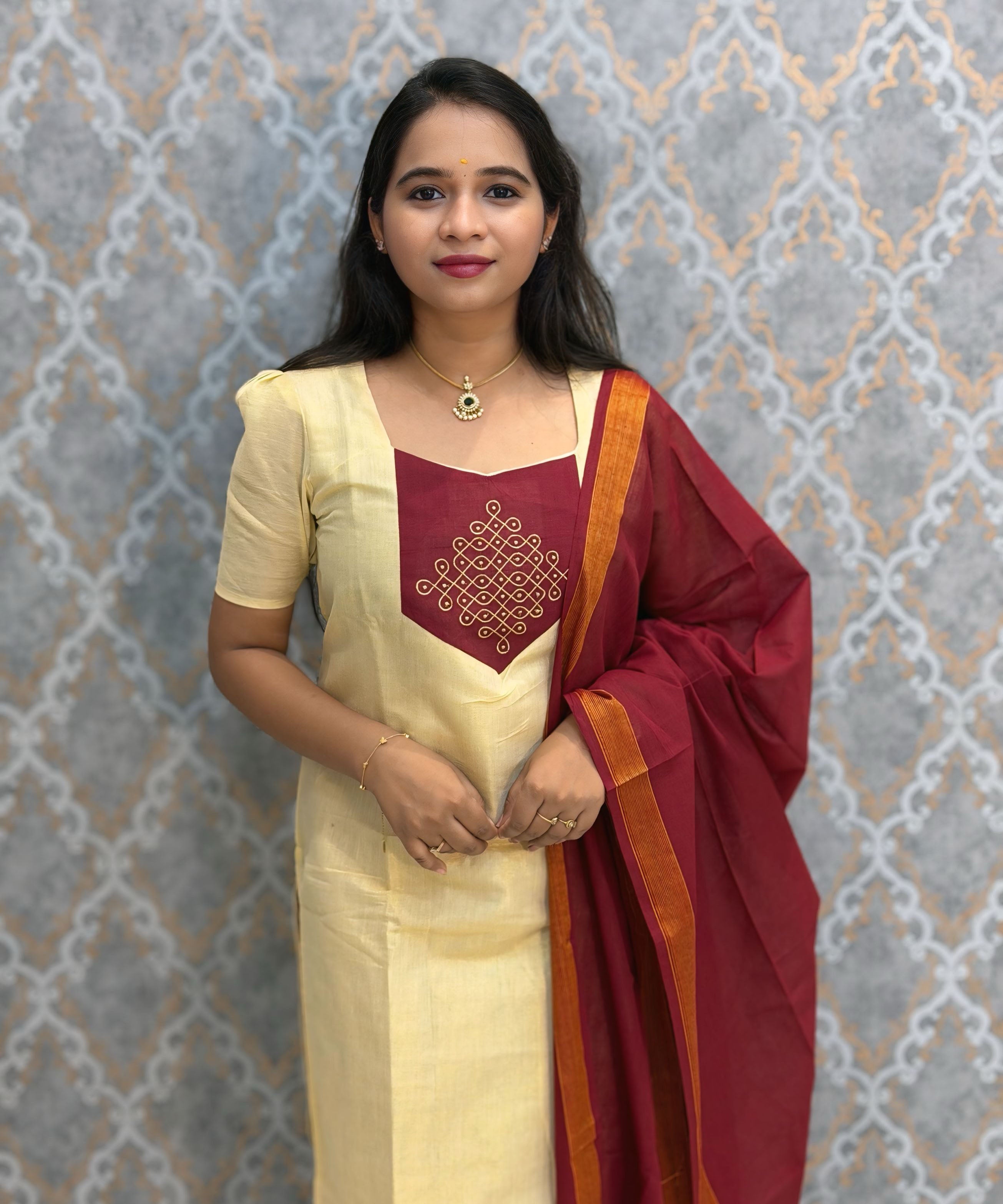 Premium Tissue Kolam Kurti and Handloom Mangalgiri Cotton Dupatta Set / ESS421