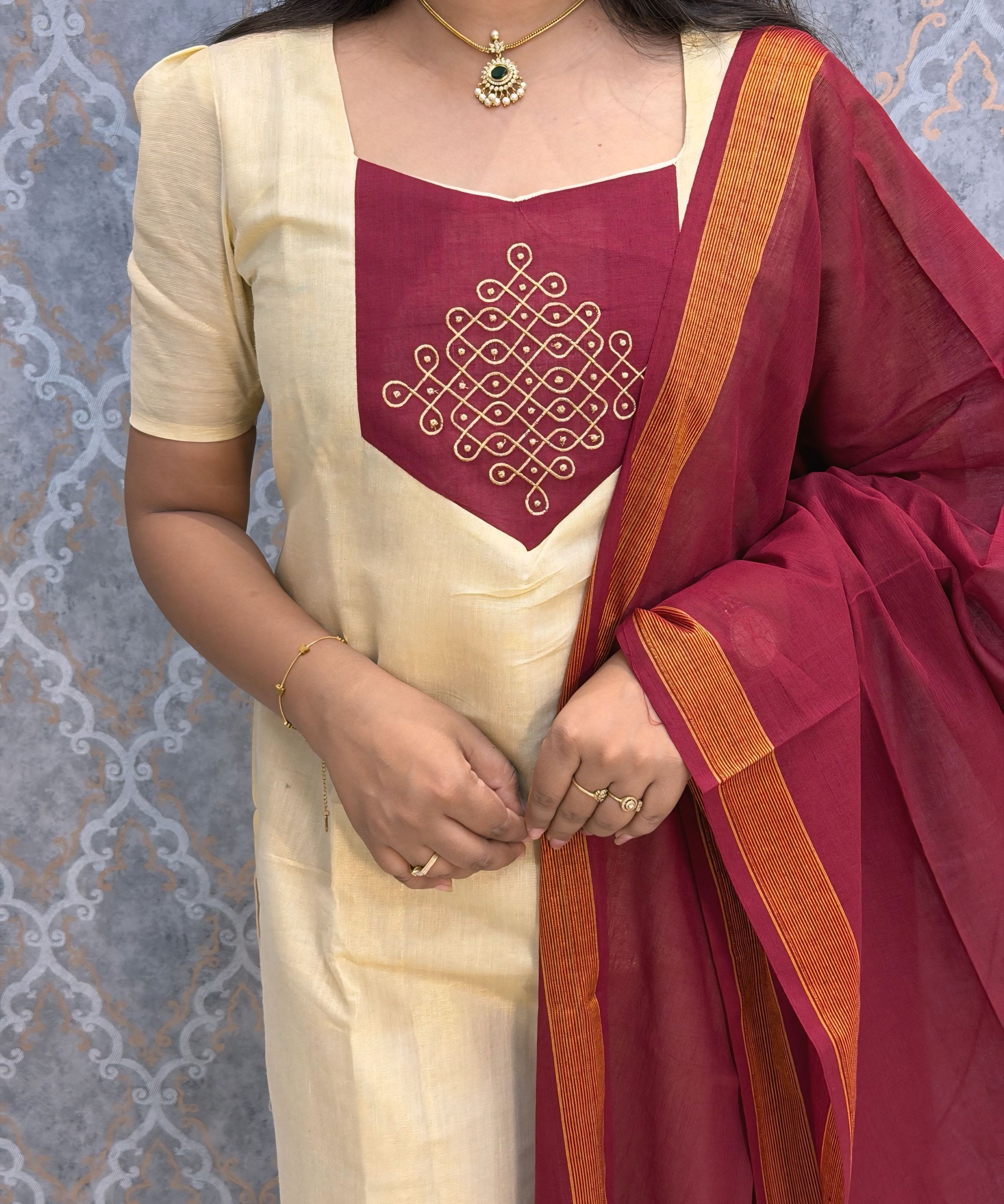 Premium Tissue Kolam Kurti and Handloom Mangalgiri Cotton Dupatta Set / ESS421