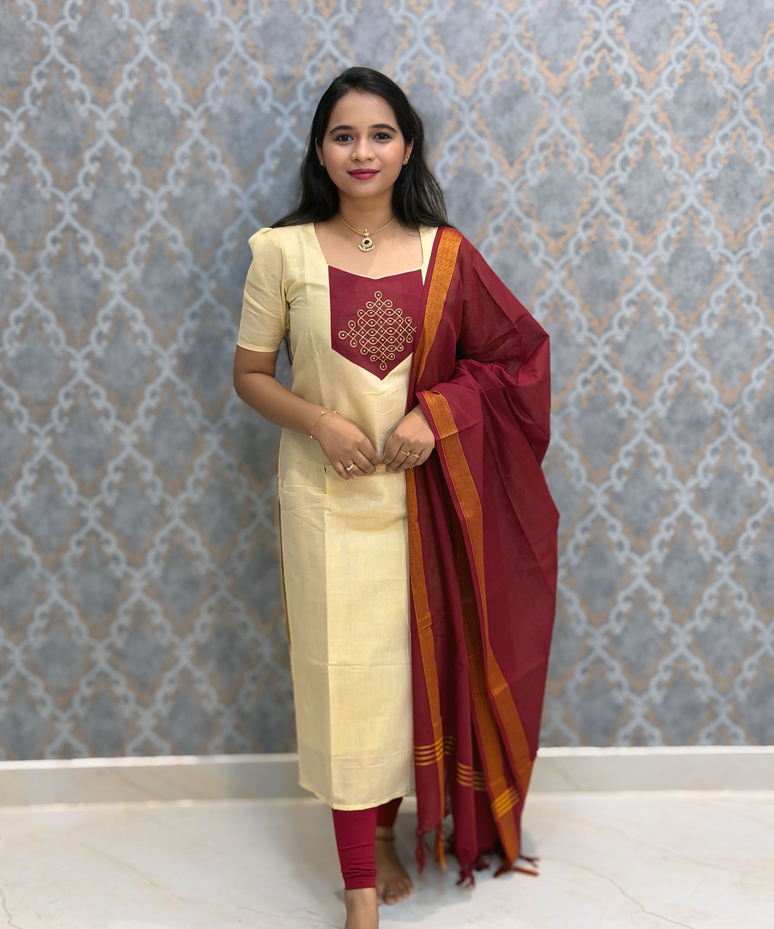 Premium Tissue Kolam Kurti and Handloom Mangalgiri Cotton Dupatta Set / ESS421