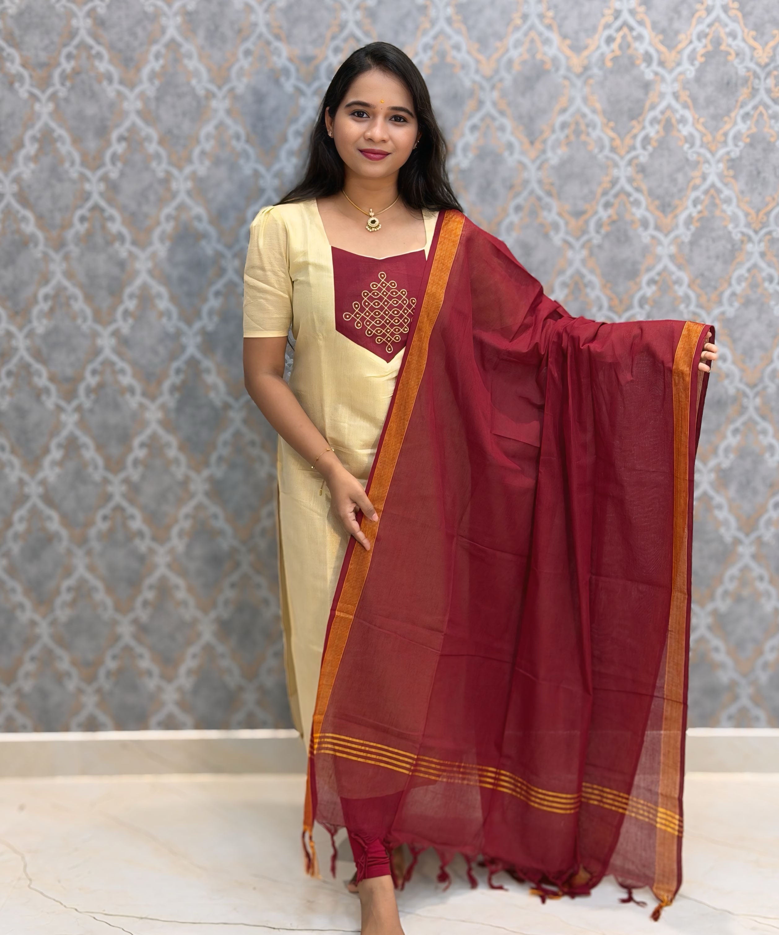 Premium Tissue Kolam Kurti and Handloom Mangalgiri Cotton Dupatta Set / ESS421