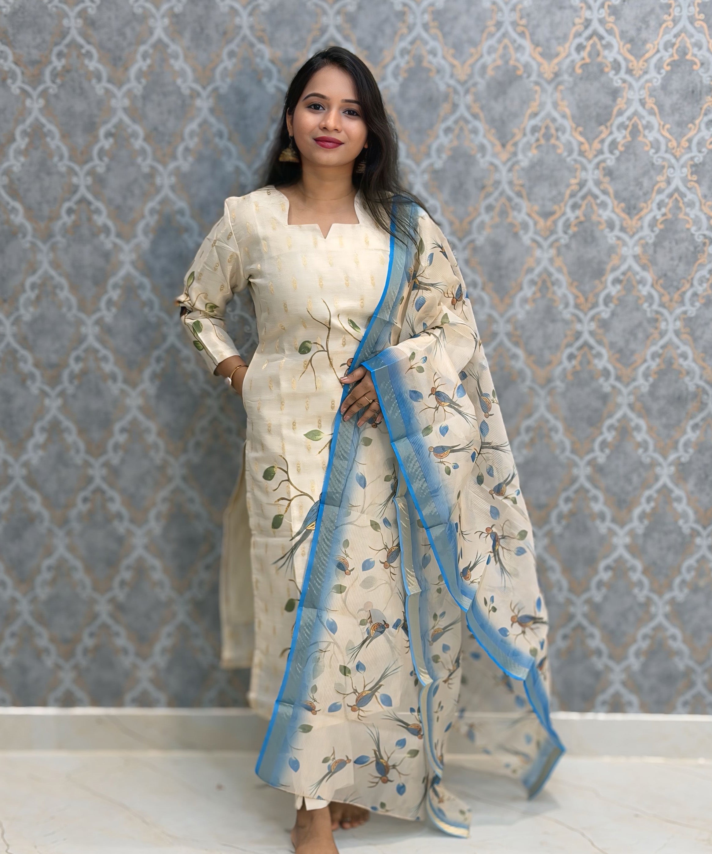 Beige Color Premium Tissue Silk Designer Ethnic 3 Piece Salwar Set with Lining /  ESS405