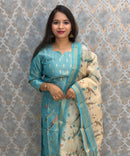 Sea Blue and Beige Color Premium Tissue Silk Designer Ethnic 3 Piece Salwar Set with Lining /  ESS405