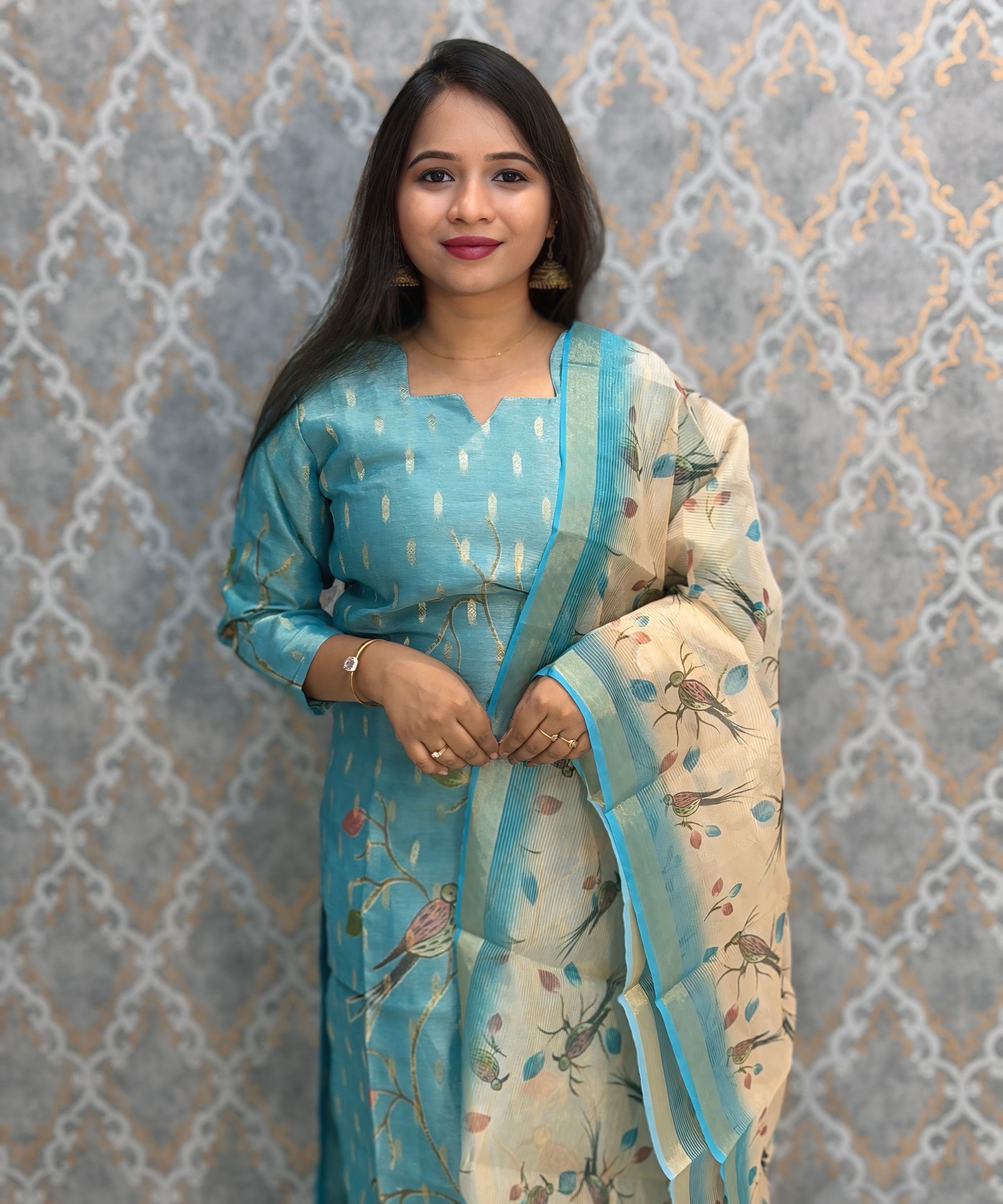 Sea Blue and Beige Color Premium Tissue Silk Designer Ethnic 3 Piece Salwar Set with Lining /  ESS405