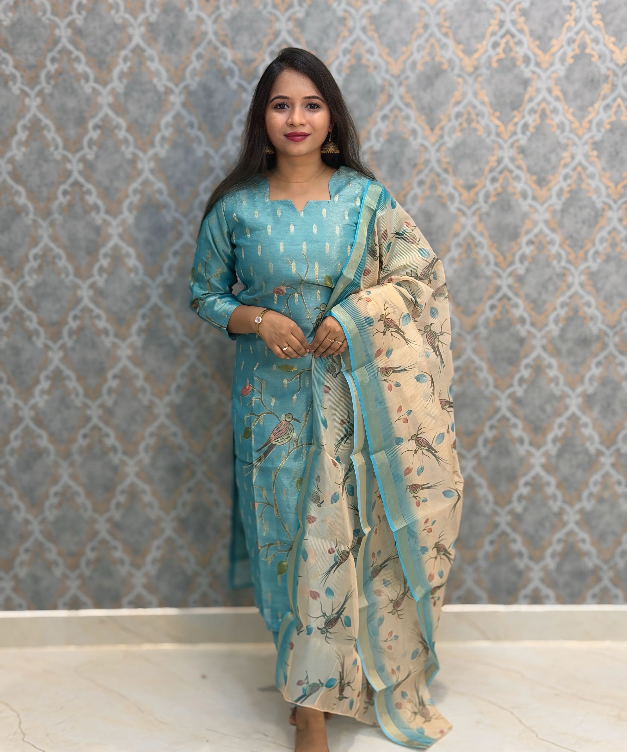 Sea Blue and Beige Color Premium Tissue Silk Designer Ethnic 3 Piece Salwar Set with Lining /  ESS405