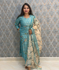 Sea Blue and Beige Color Premium Tissue Silk Designer Ethnic 3 Piece Salwar Set with Lining /  ESS405