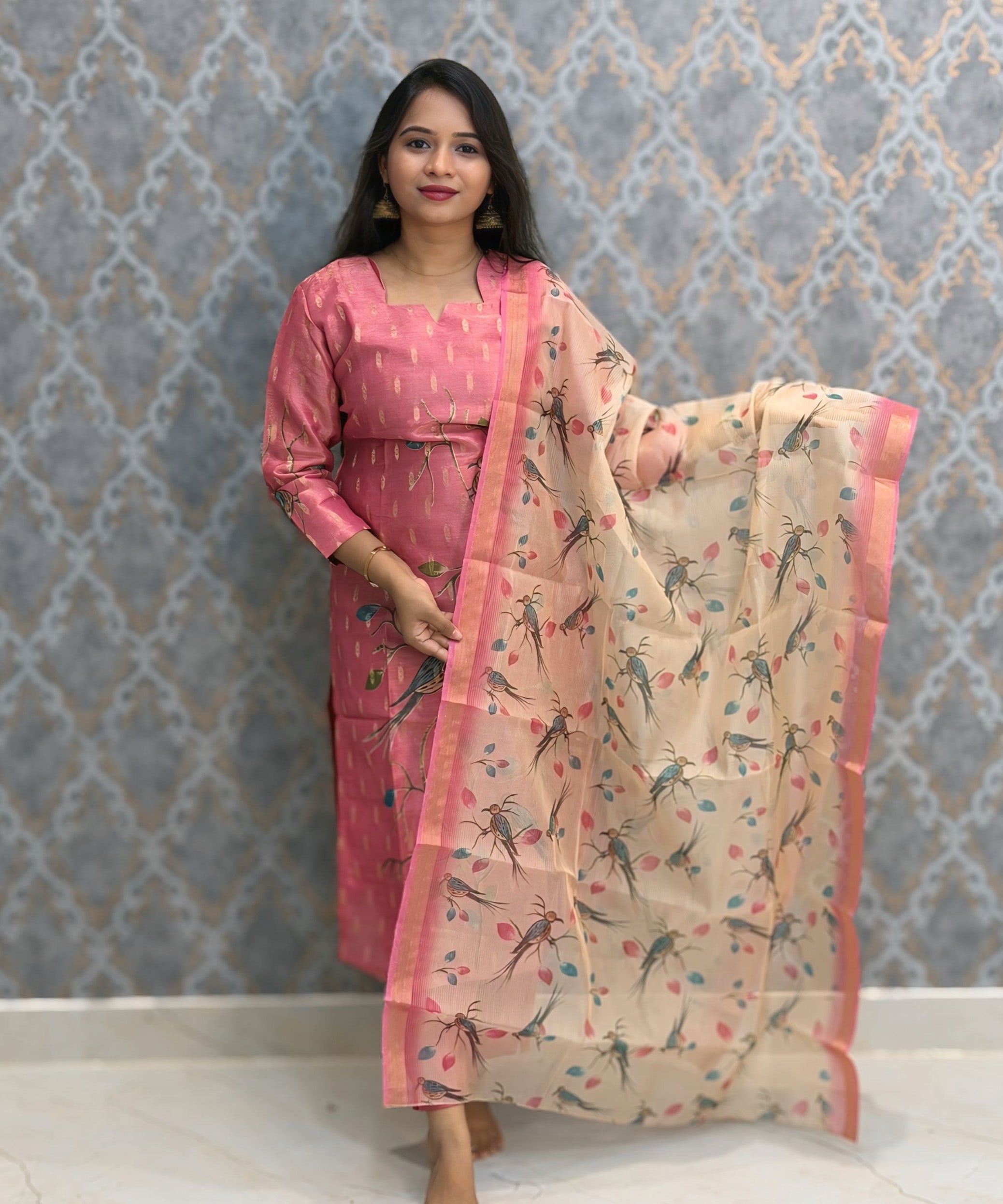Pink and Beige Color Premium Tissue Silk Designer Ethnic 3 Piece Salwar Set with Lining /  ESS405