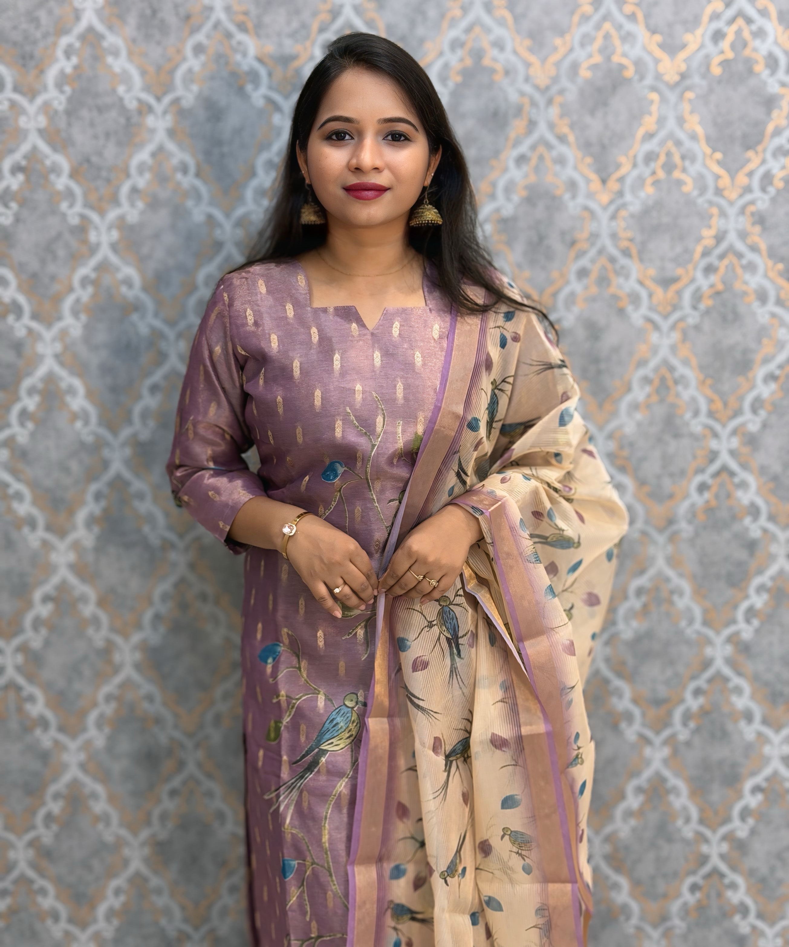 Purple and Beige Color Premium Tissue Silk Designer Ethnic 3 Piece Salwar Set with Lining /  ESS405