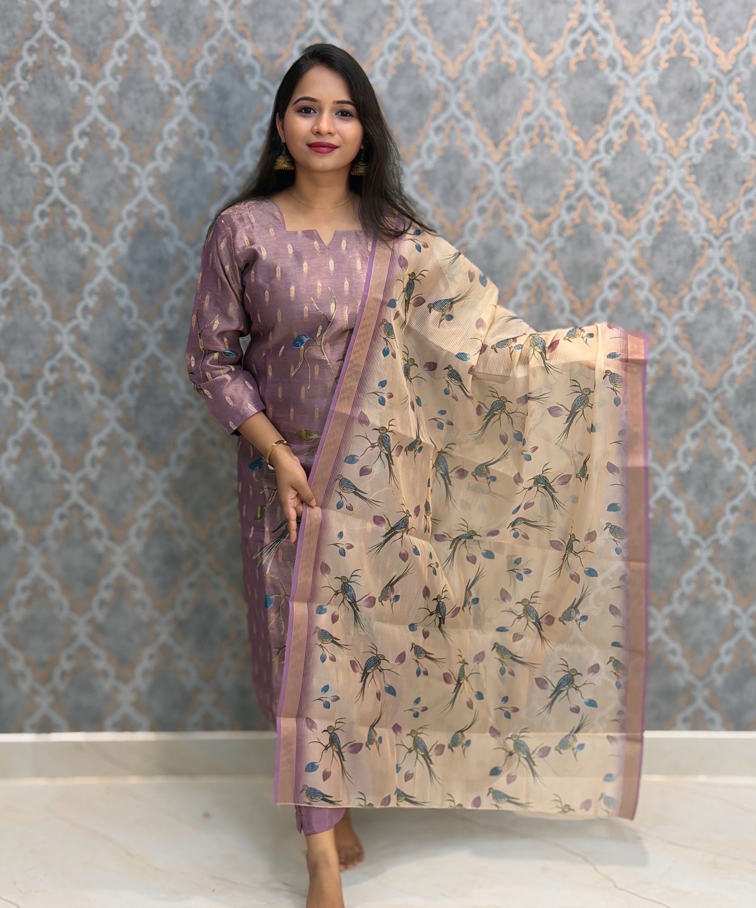 Purple and Beige Color Premium Tissue Silk Designer Ethnic 3 Piece Salwar Set with Lining /  ESS405