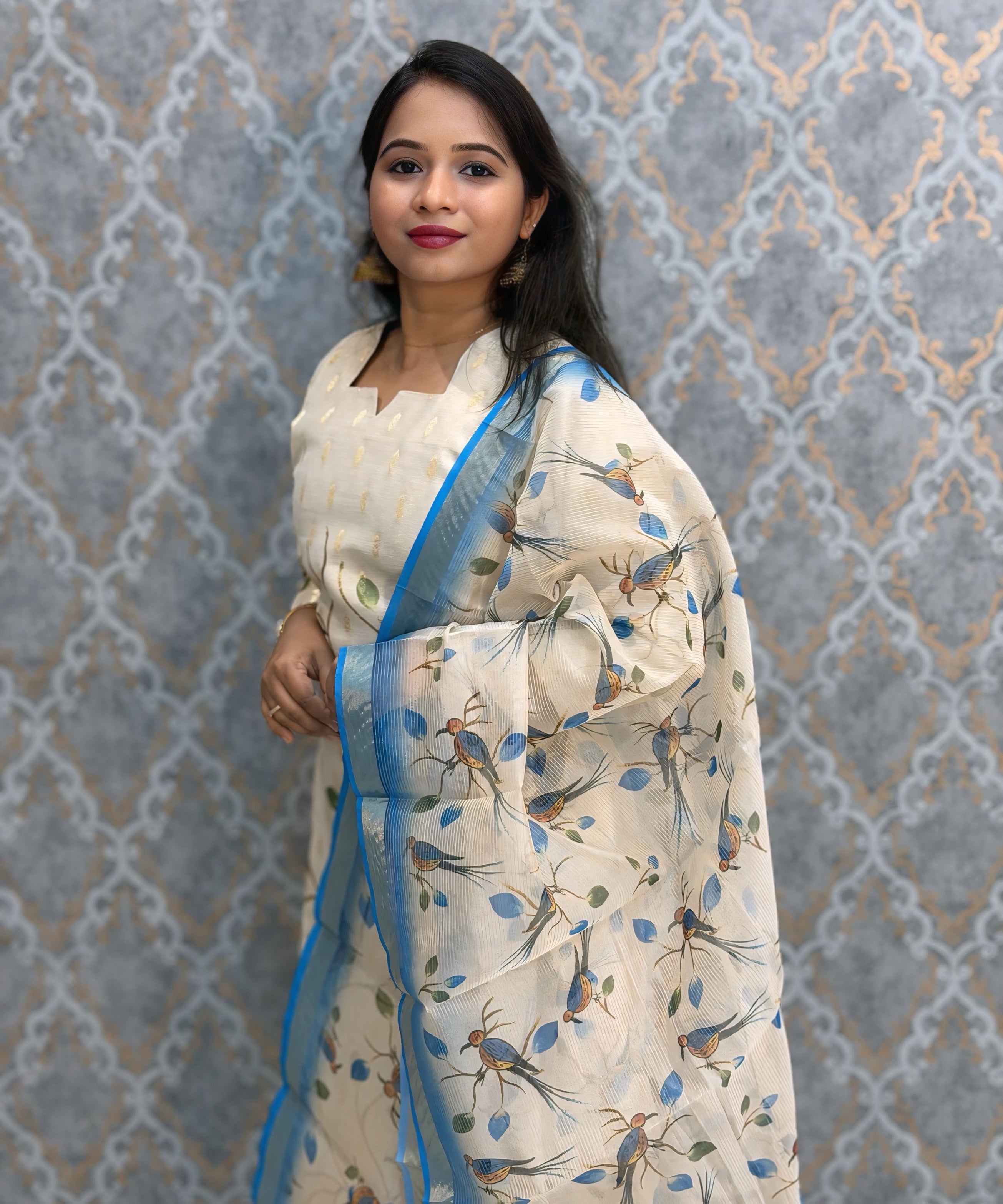 Beige Color Premium Tissue Silk Designer Ethnic 3 Piece Salwar Set with Lining /  ESS405