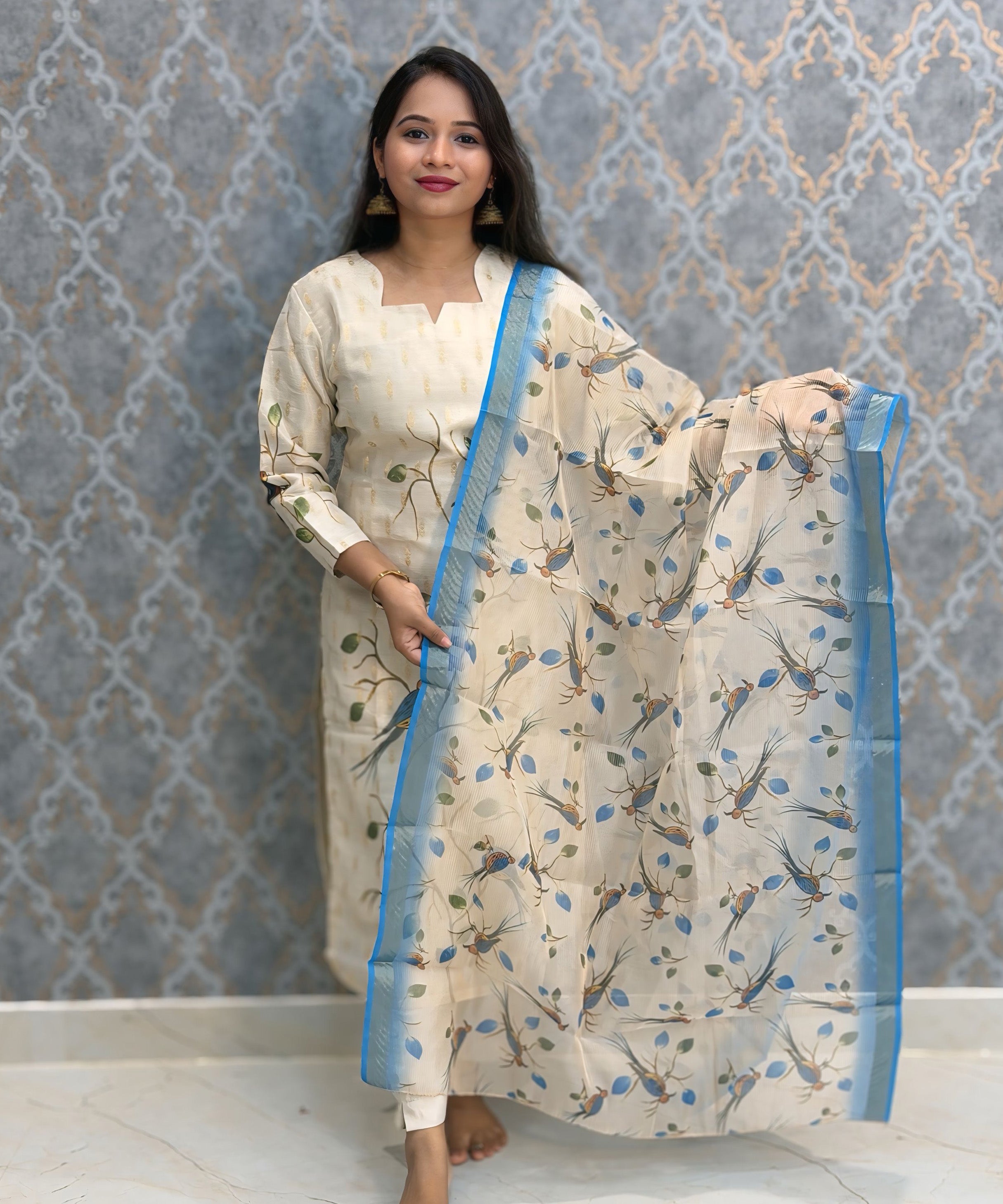 Beige Color Premium Tissue Silk Designer Ethnic 3 Piece Salwar Set with Lining /  ESS405