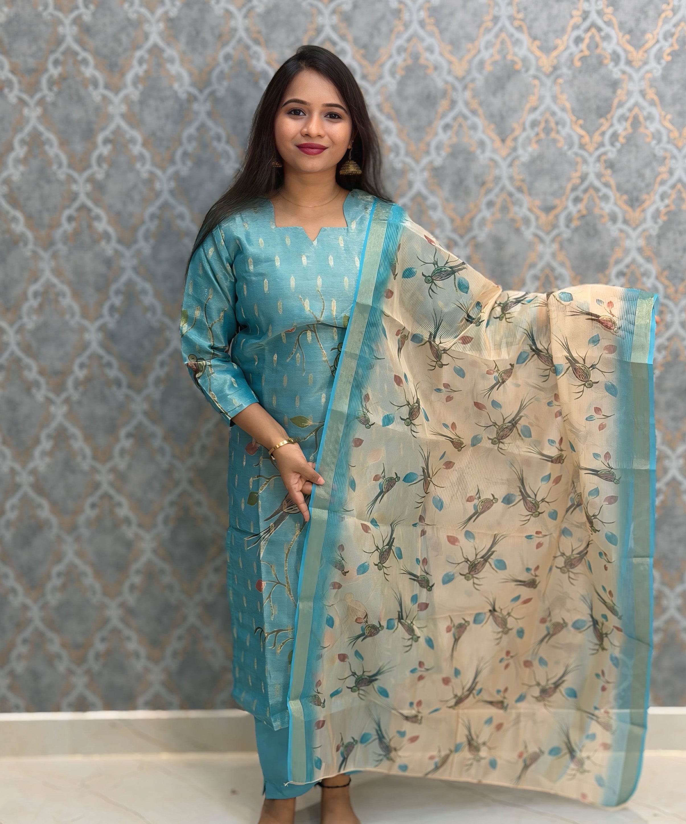 Sea Blue and Beige Color Premium Tissue Silk Designer Ethnic 3 Piece Salwar Set with Lining /  ESS405