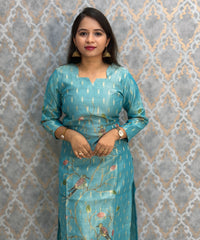 Sea Blue and Beige Color Premium Tissue Silk Designer Ethnic 3 Piece Salwar Set with Lining /  ESS405