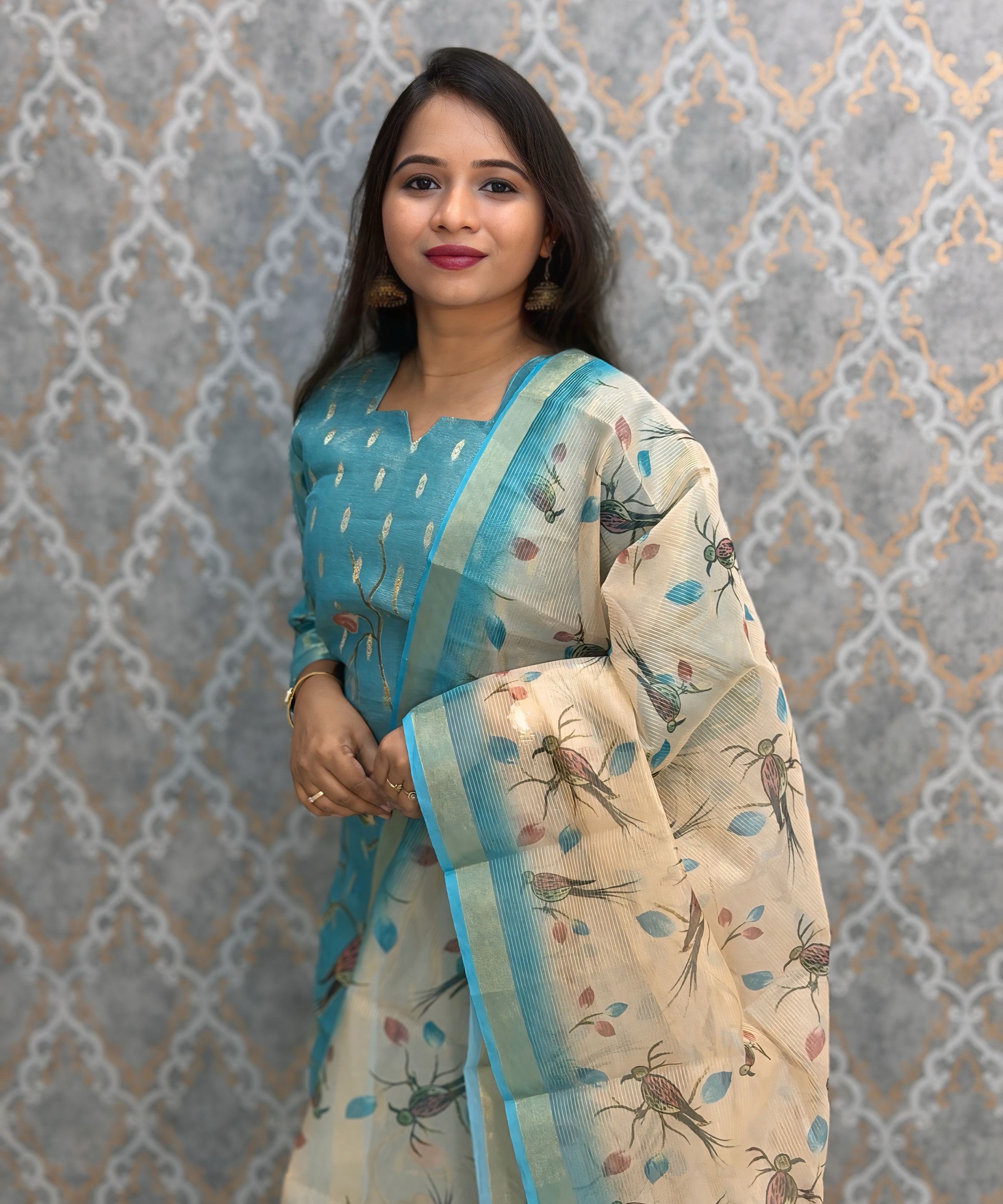 Sea Blue and Beige Color Premium Tissue Silk Designer Ethnic 3 Piece Salwar Set with Lining /  ESS405